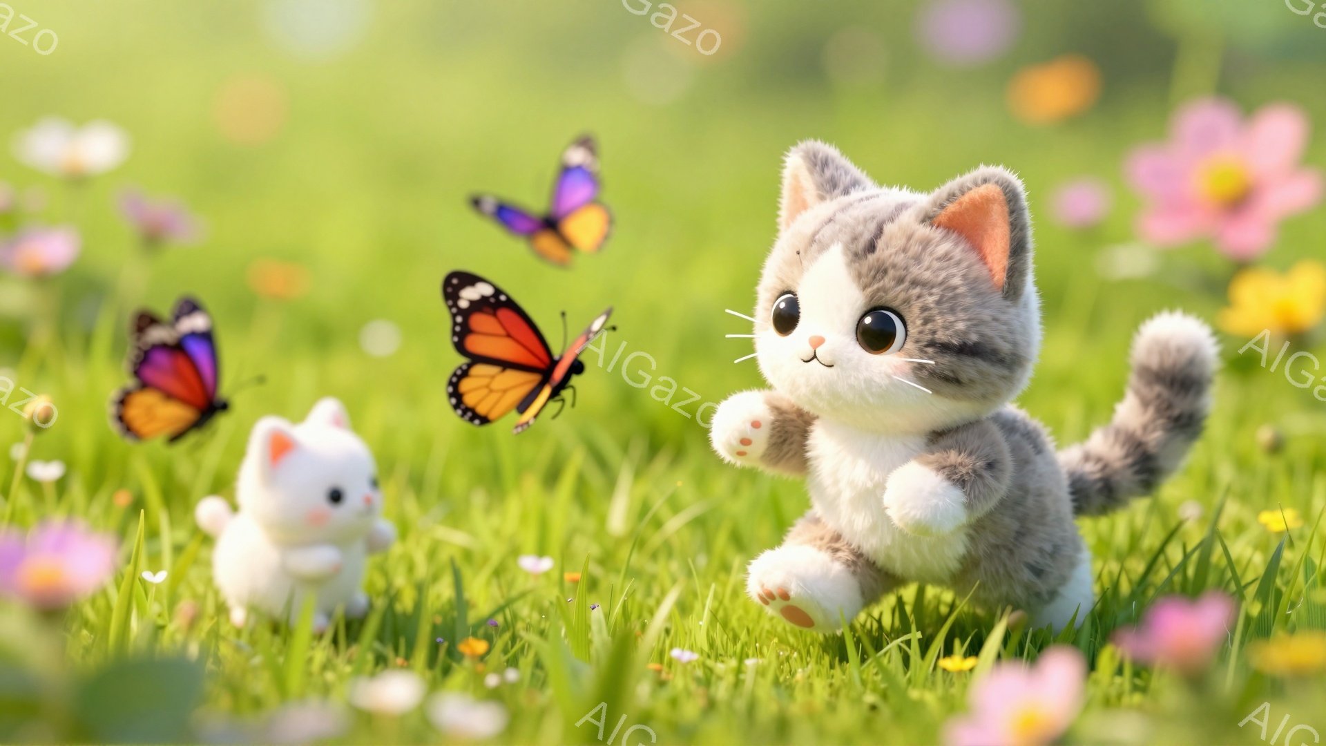 柔らかい毛並みの灰色の猫の子が緑の草原で蝶と遊んでいます。隣には白いウサギの人形もおり、花々が咲き乱れる背景は明るく幸せな雰囲気です。猫の子は前足を上げて蝶を追いかけようとしており、愛らしい表情をしています。