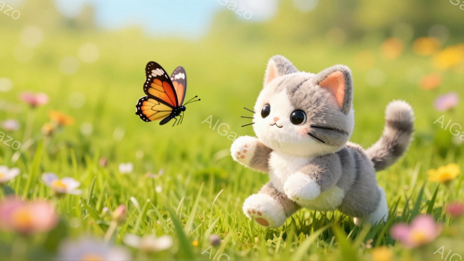 緑の草原で蝶を追いかける小さな子猫が描かれています。ふわふわの灰色の毛並みと、つぶらな瞳が可愛らしいです。周りには小さな花が咲き乱れ、穏やかで優しい雰囲気を醸し出しています。
