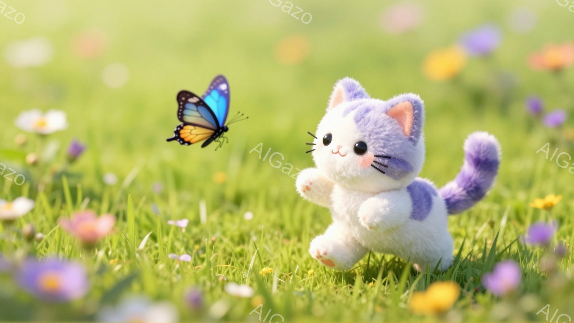 柔らかい毛並みの白と紫色の猫が、草むらの中を駆けている。鮮やかな蝶が猫の周りを飛び、春らしい穏やかな雰囲気を醸し出している。背景には色とりどりの小さな花が咲き乱れ、自然の美しさを際立たせている。