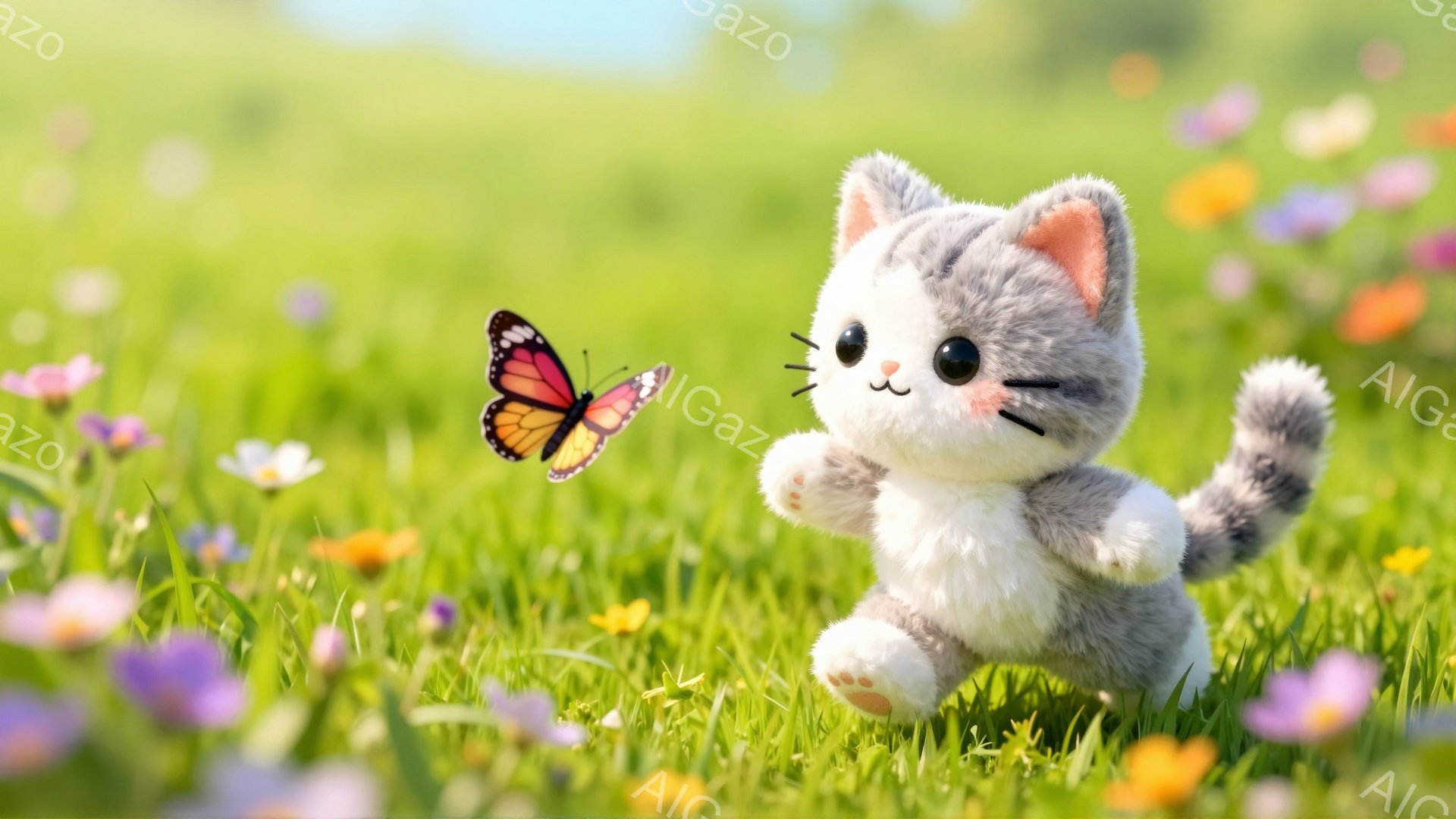明るい緑の草原で、灰色の小さな子猫が蝶を追いかけています。子猫はピンク色の花々が咲き乱れる中、可愛らしく前足を上げています。蝶はオレンジと黒の鮮やかな模様で、子猫の周りを舞っています。