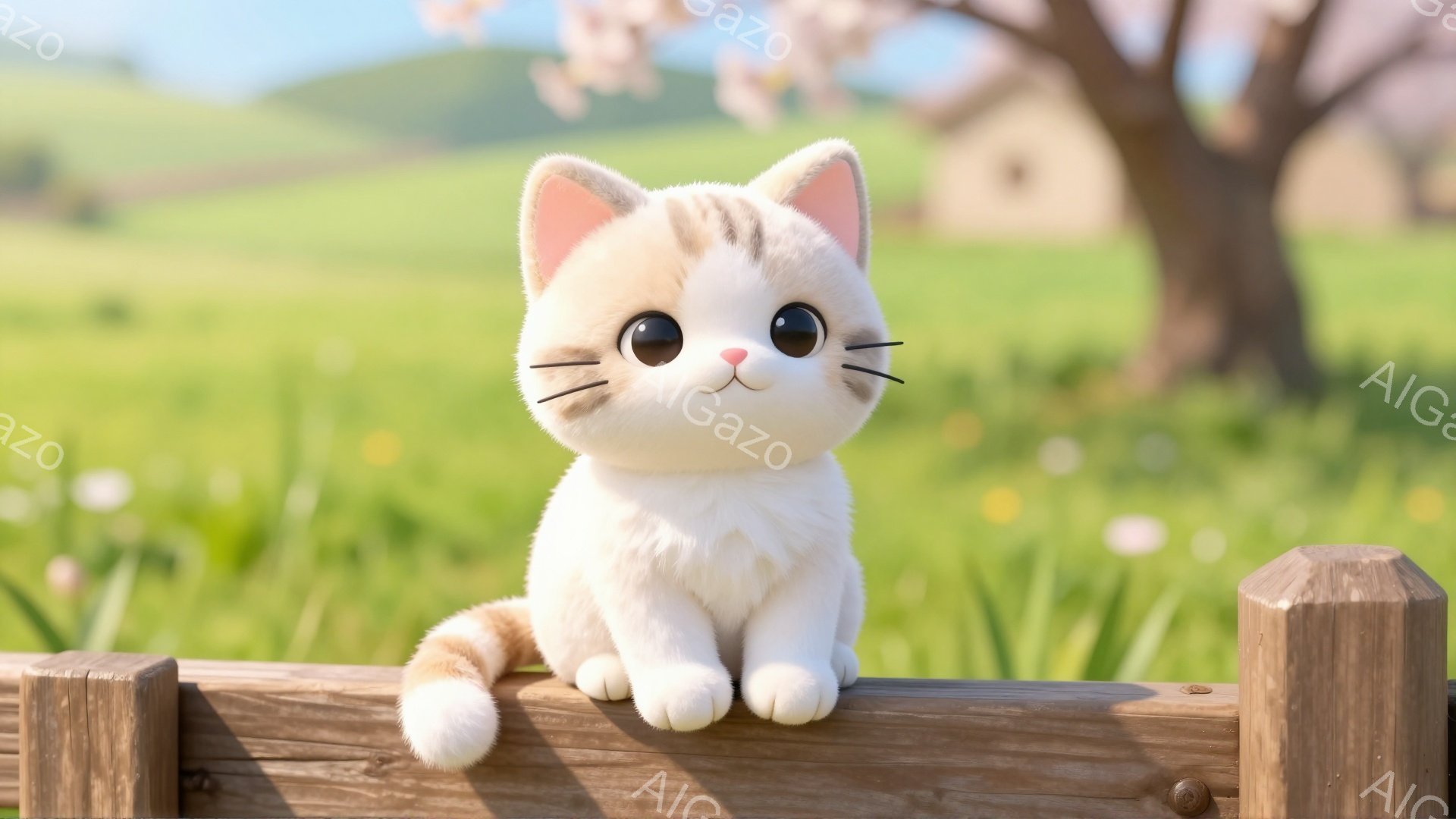 白と茶色の縞模様の可愛らしい子猫が、木製の柵の上に座ってこちらを見ています。背景には緑の草原と桜の木が見え、春らしい穏やかな雰囲気です。子猫の大きな目はつぶらで、無邪気な表情が印象的です。 - AI生成フリー素材