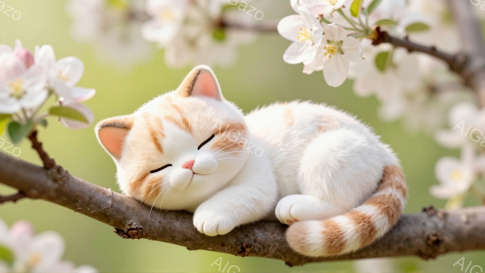 白とオレンジの縞模様の猫が枝の上で丸まって眠っています。柔らかい光が差し込み、背景には淡いピンク色の花が咲き誇っています。穏やかで平和な雰囲気が漂う、春の日の心地よい光景です。