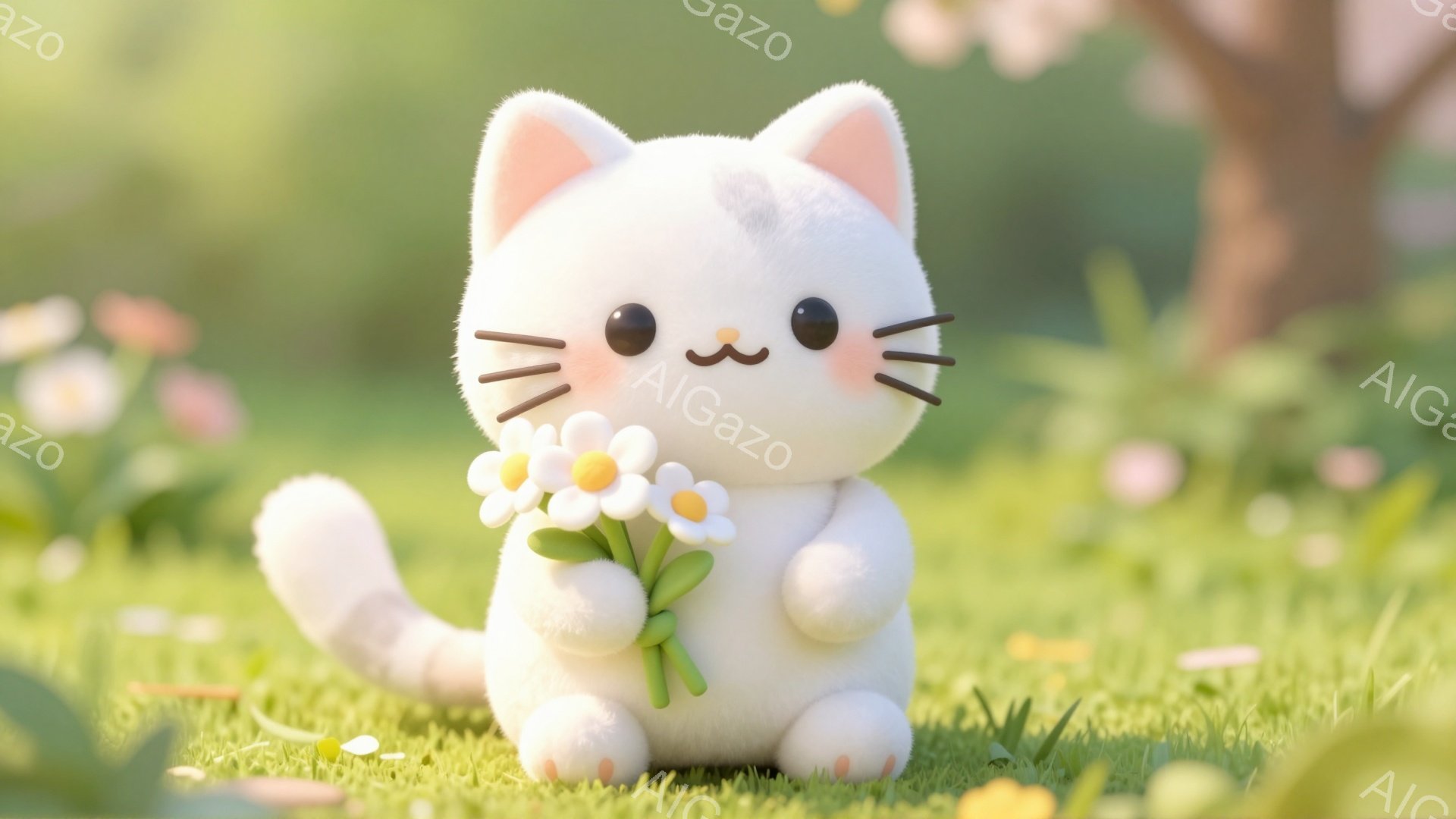 ふわふわの白い子猫が、手にたくさんの白い花を抱えています。緑の草の上に座り、丸いピンクの足が可愛らしく、優しい春の雰囲気が感じられます。背景にはぼやけた木々と花が咲き乱れ、穏やかな光が差し込んでいます - AI生成フリー素材