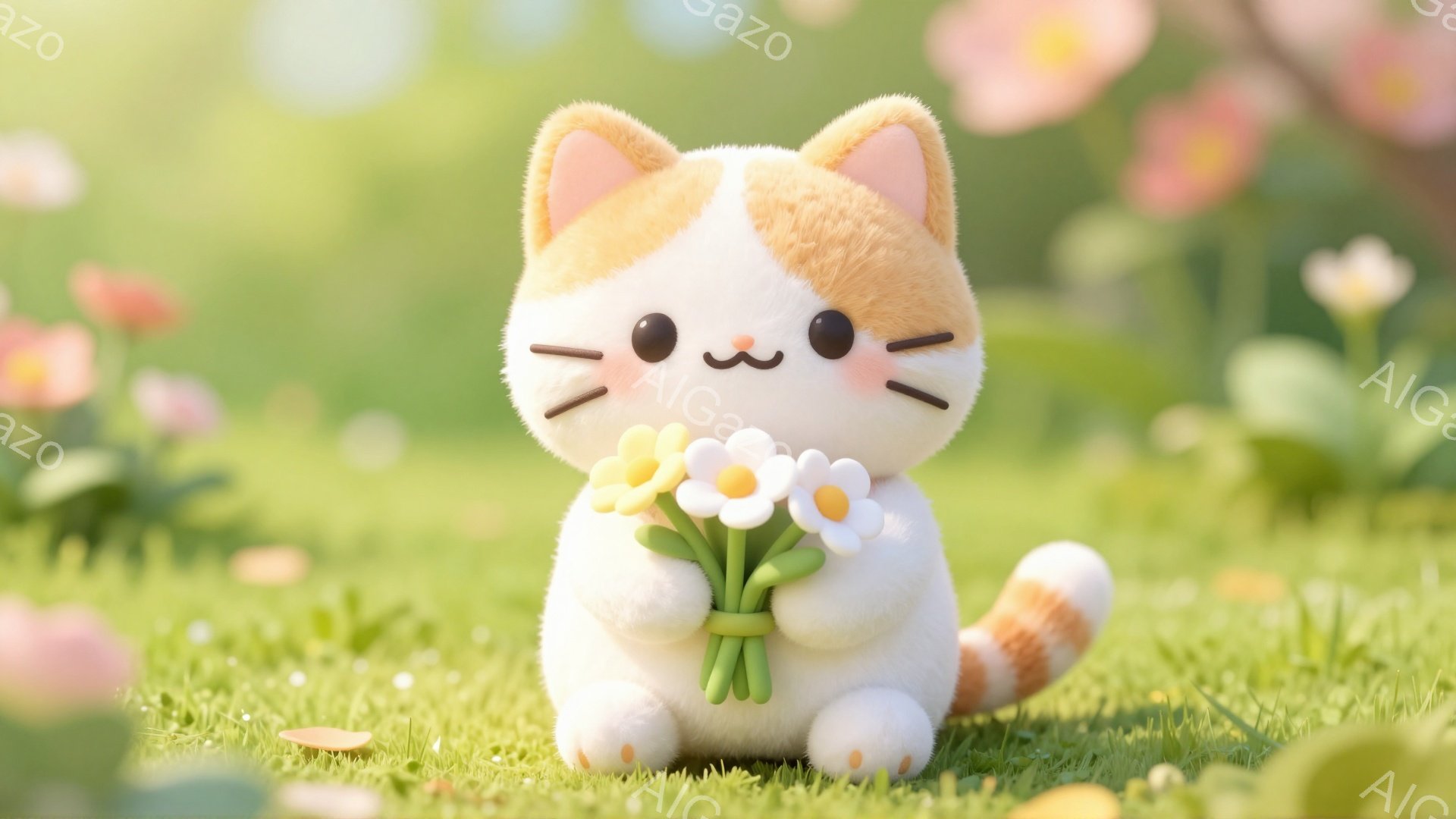 柔らかいオレンジと白の縞模様の猫が、手に黄色い花束を持って草の上に座っています。 猫は丸くてふっくらしており、大きな瞳と愛らしい表情をしています。 背景には緑豊かな草とぼやけた花が咲き、暖かく穏やかな雰囲気を醸し出しています。