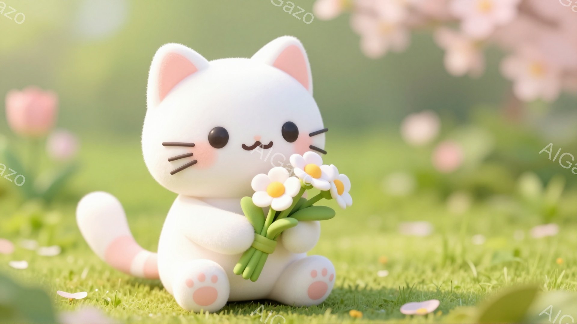 白い子猫が緑の草の上に座って、花束を抱えています。ピンク色の花びらが舞い散る、春の柔らかい光の中で、可愛らしい姿を見せています。全体的にパステルカラーで、温かく優しい雰囲気が漂っています。