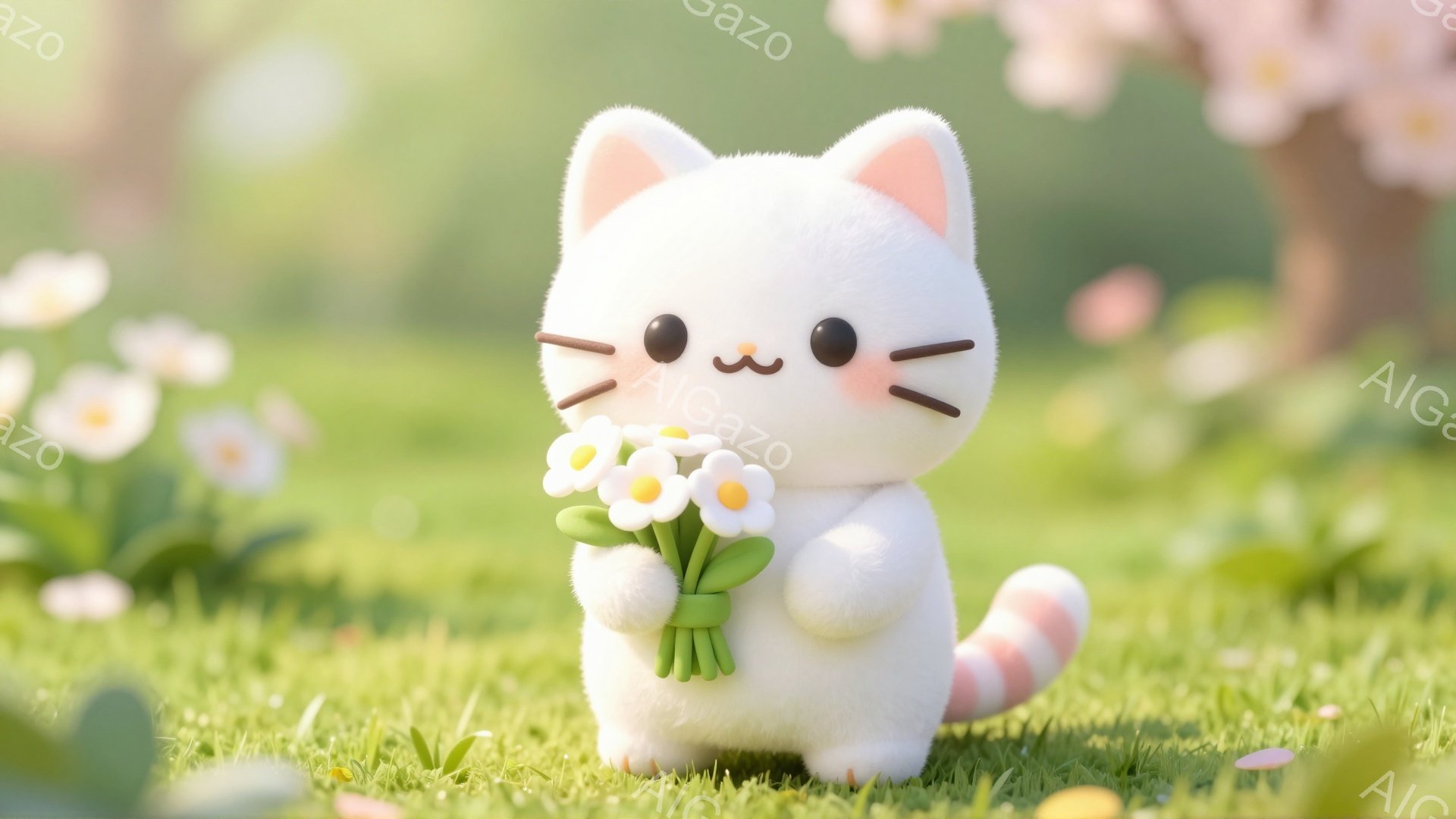 ふわふわした白い子猫が、手に黄色い花束を抱えています。緑の草の上で、春の暖かい日差しの中で幸せそうに立っています。背景には、ぼんやりとしたピンク色の花が咲き乱れています。