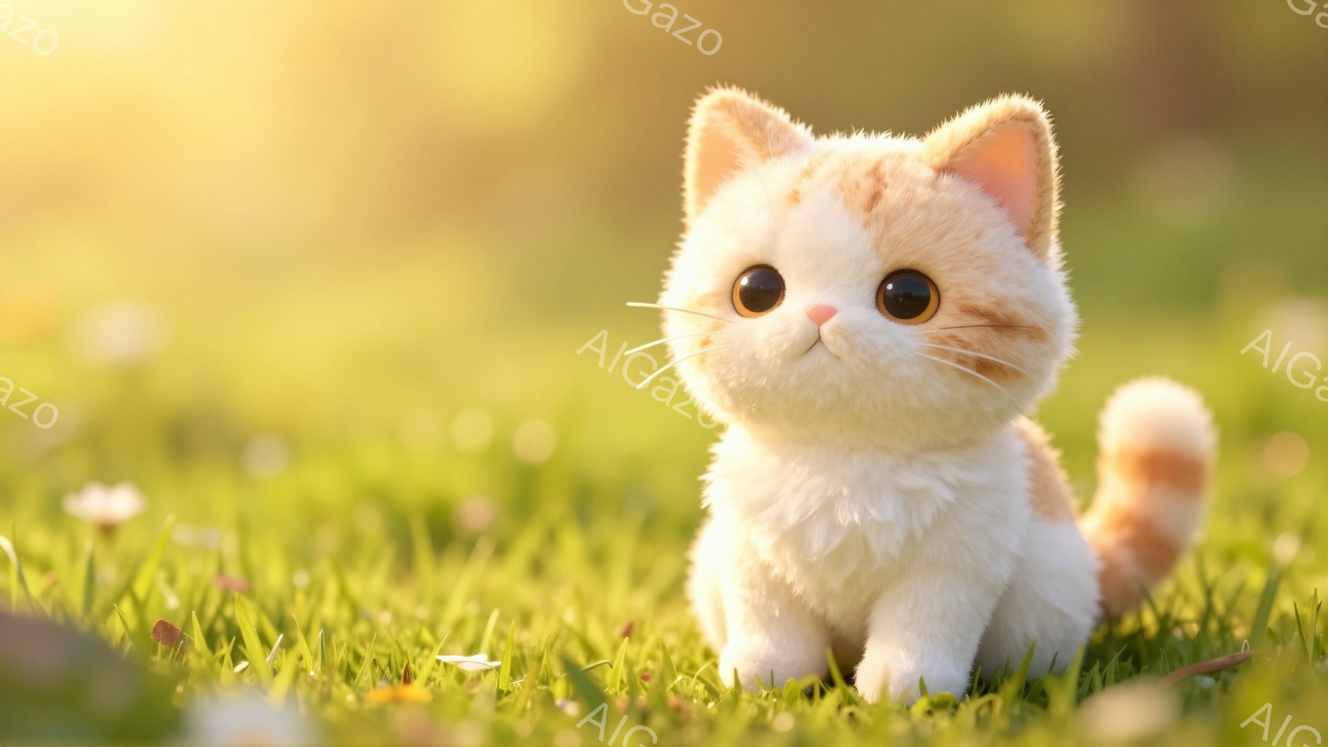 鮮やかな緑の草むらの中に、ふわふわのクリーム色の仔猫が座っています。大きな瞳と小さな鼻が可愛らしく、穏やかな表情をしています。背景はぼやけており、春の陽光が差し込む暖かい雰囲気です。