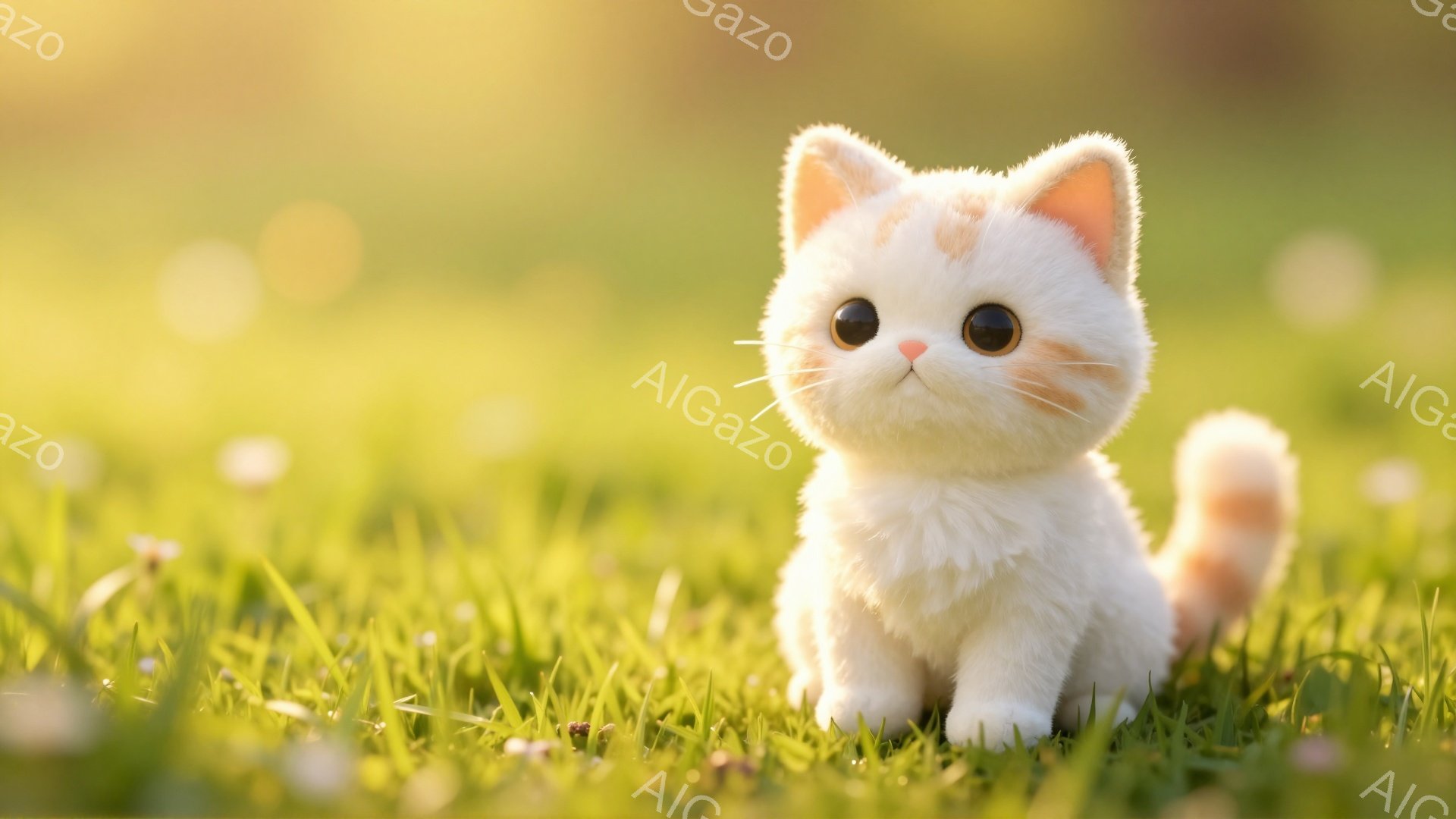白くてふわふわの猫が緑の草むらの中に座っています。大きな目は輝き、愛らしい表情をしています。背景はぼやけており、春の穏やかな日差しが猫を照らしています。