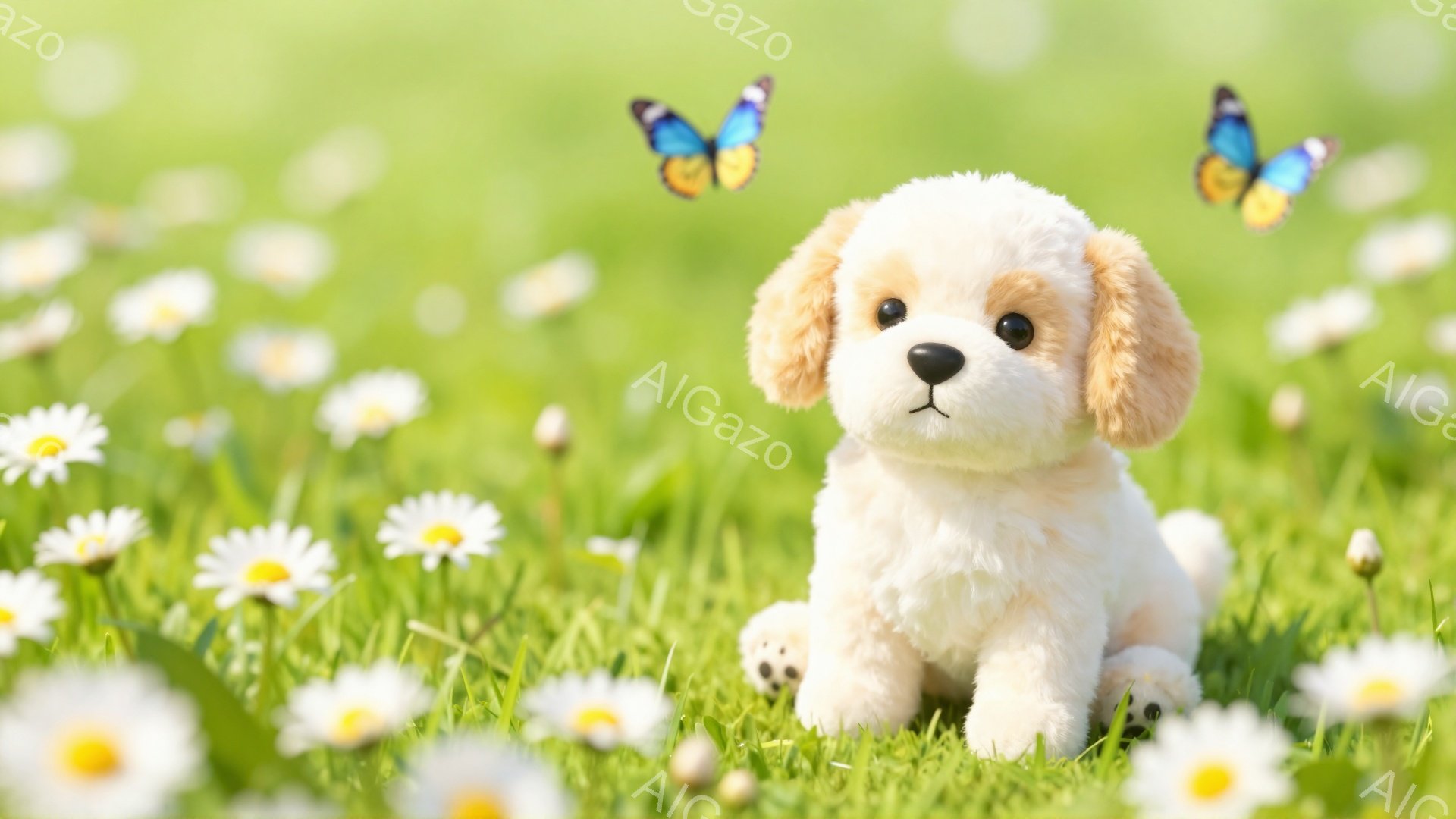 白い毛並みの子犬が、緑の草むらの中で可愛らしく座っています。周りには白いデイジーの花が咲き乱れ、青い蝶が舞っている、穏やかで幸せな雰囲気の画像です。子犬は好奇心いっぱいの表情で、何かを見つめているようです。