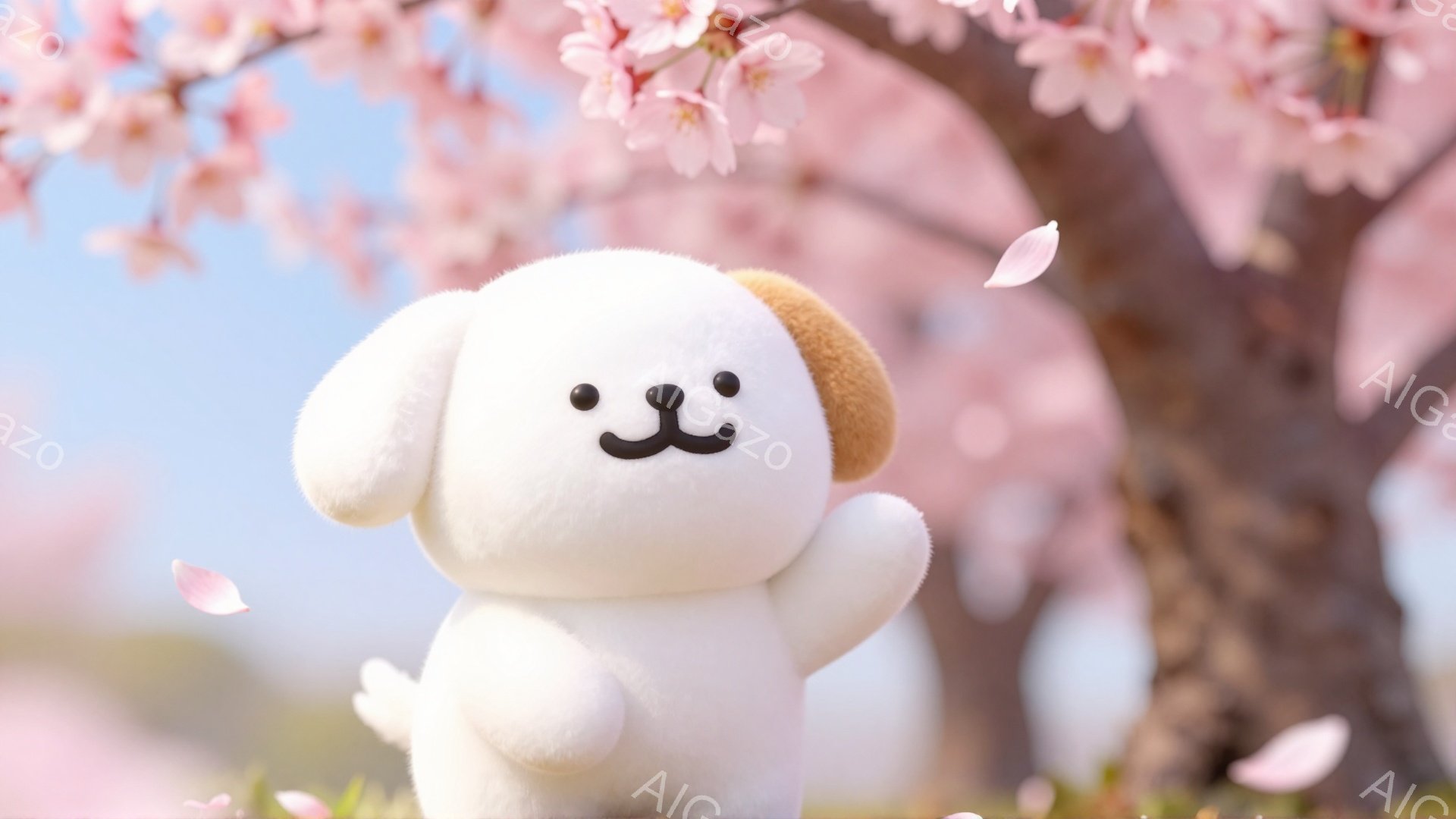 白い犬のようなキャラクターが桜の木の下に立っています。つぶらな瞳とシンプルな表情が可愛らしく、春の暖かな雰囲気を演出しています。背景には桜の花びらが舞い散り、穏やかな季節感を表現しています。