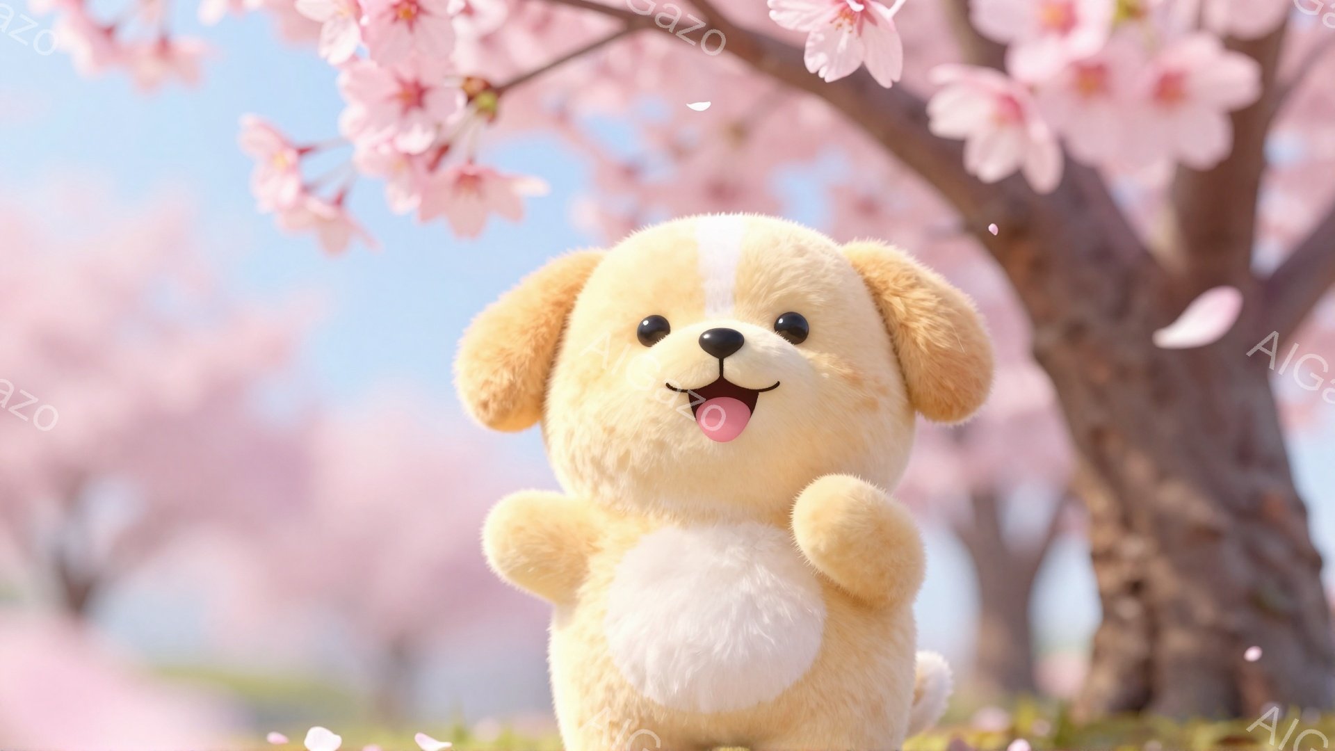 ふわふわのクリーム色の犬が桜の木の下に立っています。笑顔で舌を出し、とても楽しそうです。背景にはぼやけた桜の花びらが舞い、春の暖かな雰囲気が漂っています。