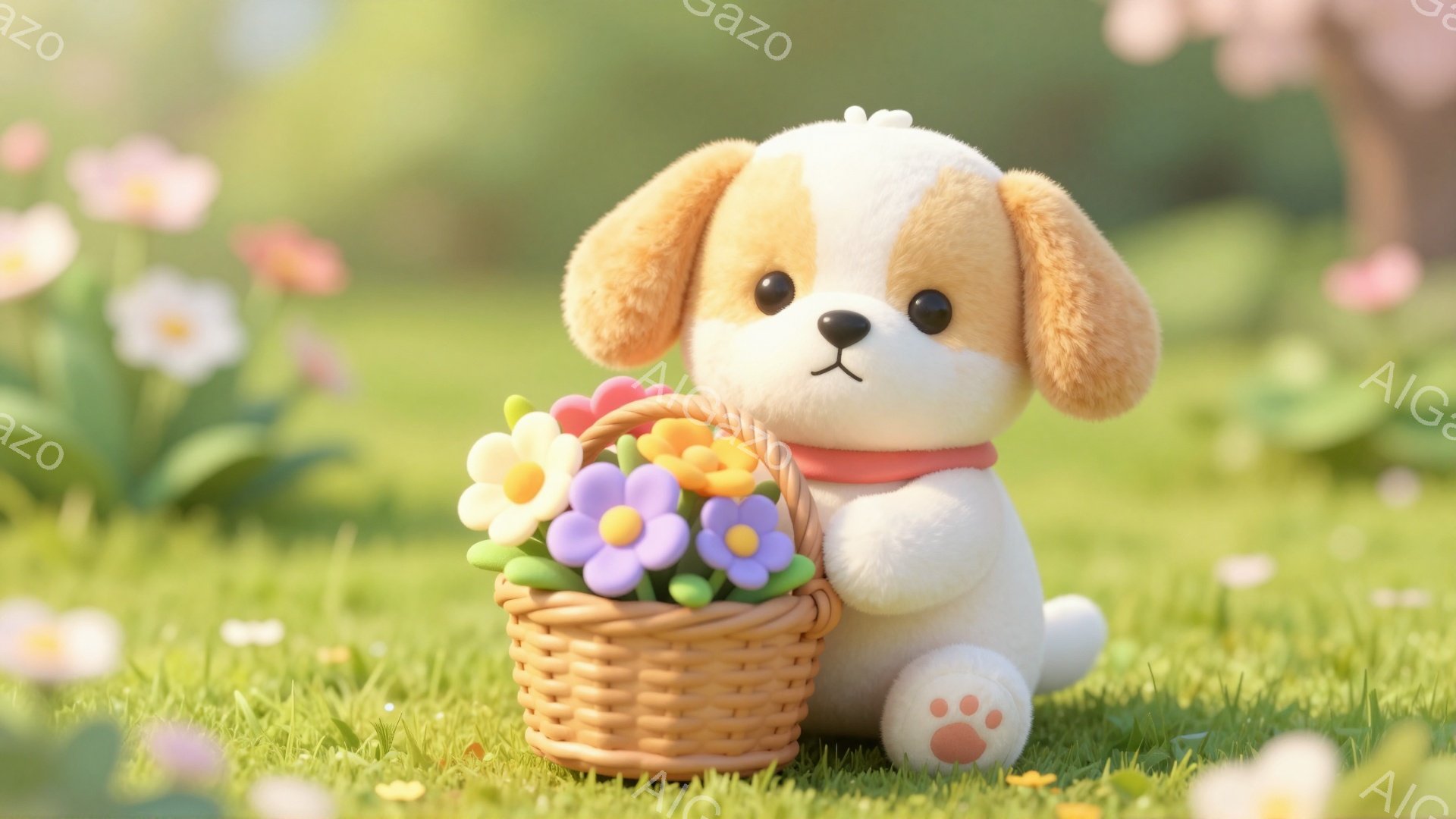 小さな子犬がバスケットいっぱいの花を持って草の上に座っています。子犬はクリーム色で、茶色の耳と足を持っており、首には赤いリボンをつけています。背景には花が咲き乱れ、暖かく穏やかな雰囲気です。 - AI生成フリー素材