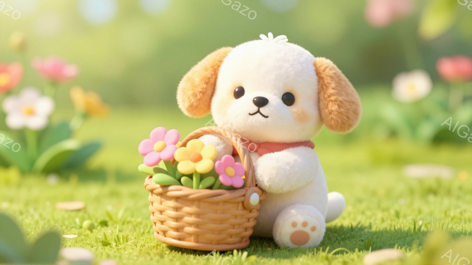 ふわふわの白い子犬が、花をいっぱいに詰めたバスケットを抱えています。赤いリボンを首に巻き、緑の草原に座って、春の陽気を楽しんでいる様子です。背景には色とりどりの花が咲き、温かい雰囲気が漂っています。 - AI生成フリー素材