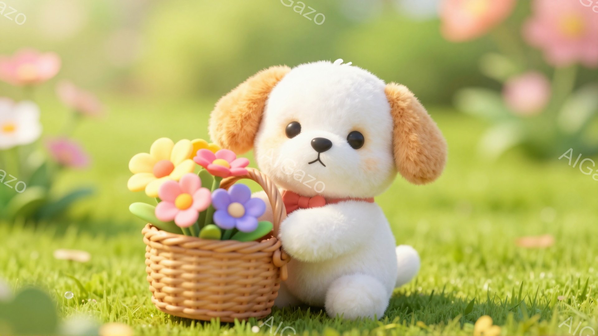 白くてふわふわの犬が、花が入ったバスケットを抱えています。その犬は赤い首輪をつけており、背景には緑の芝生とぼやけた花が広がっています。可愛らしい雰囲気で、春の暖かい日差しを感じさせます。