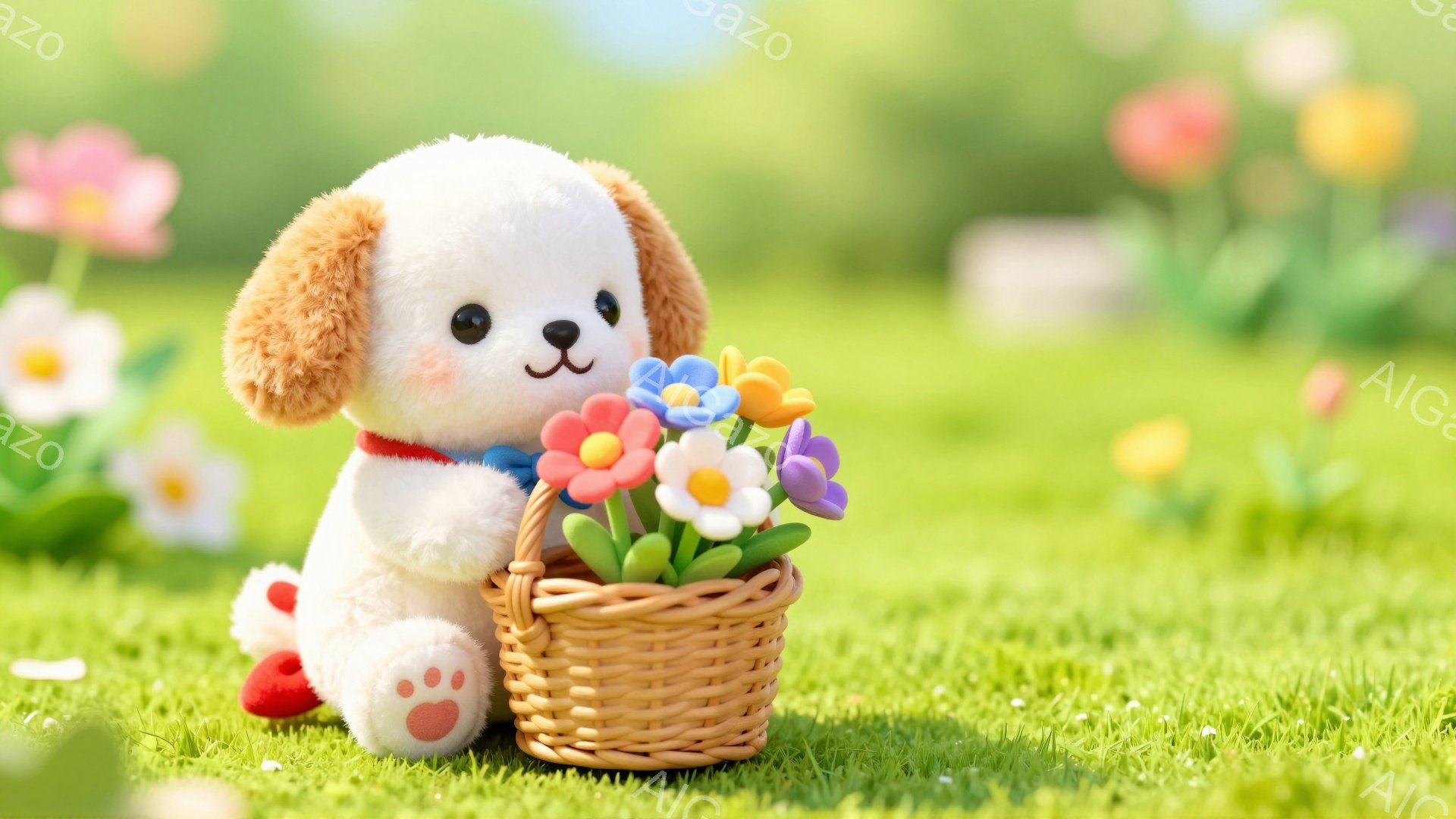 白い子犬が赤い首輪をつけて、花をいっぱい入れたバスケットを持っています。緑豊かな草原の中で、子犬は幸せそうに座って、春らしい雰囲気を醸し出しています。背景には色とりどりの花が咲き、可愛らしい光景を作り出しています。