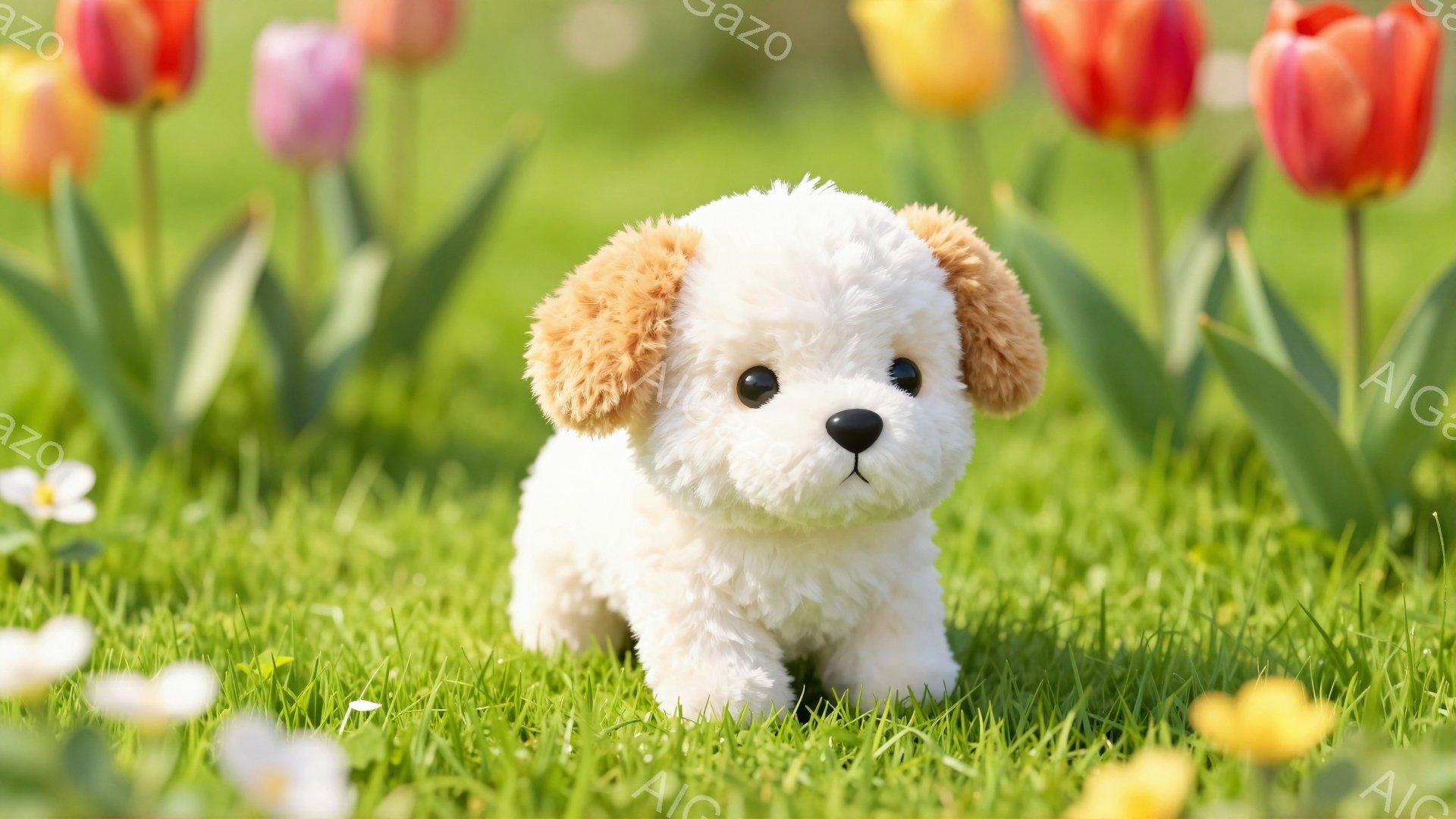 緑の芝生の上を、ふわふわの白い子犬が歩いています。子犬は大きな茶色の耳を持っていて、好奇心旺盛な表情で前を見つめています。背景には色とりどりのチューリップが咲き乱れ、春の暖かな雰囲気を演出しています。