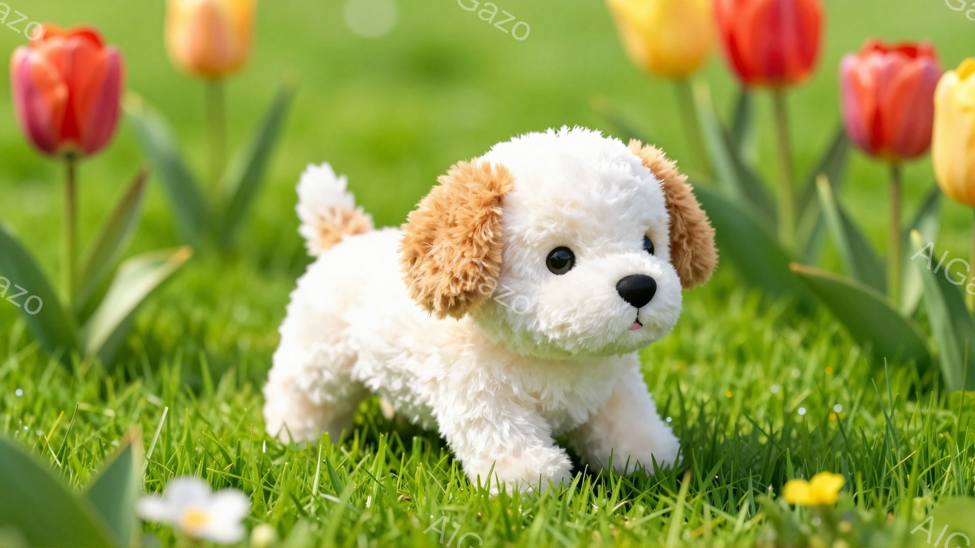 緑の草の上にいるふわふわの白い子犬が写っています。子犬は茶色の耳と尻尾を持ち、前足を伸ばして歩いているように見えます。背景には、赤と黄色のチューリップの花が咲き、春の穏やかな雰囲気を演出しています。