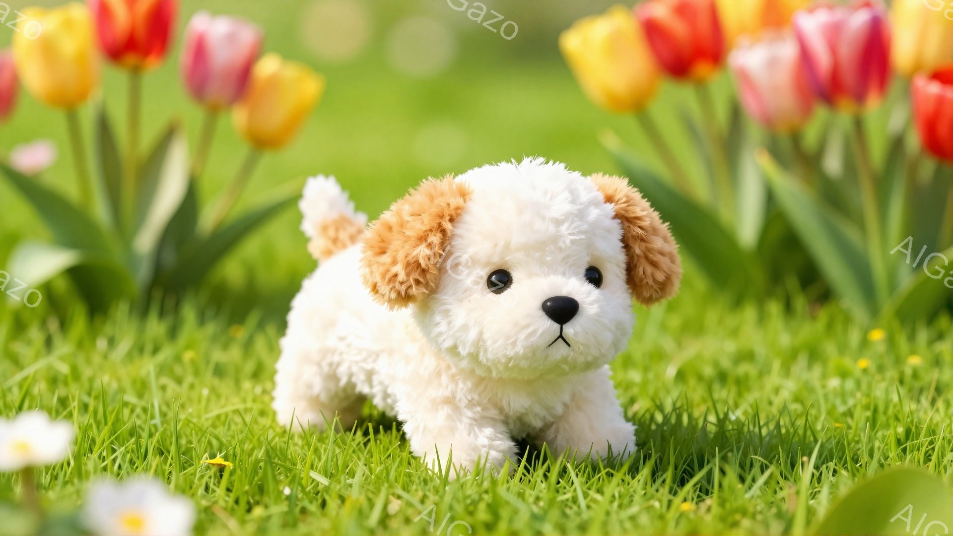 鮮やかな緑の草むらの中で、ふわふわの白い子犬がこちらを見つめています。背中の模様と耳は明るい茶色で、可愛らしい表情が印象的です。背景には色とりどりのチューリップが咲き誇り、春の暖かな雰囲気を演出しています。