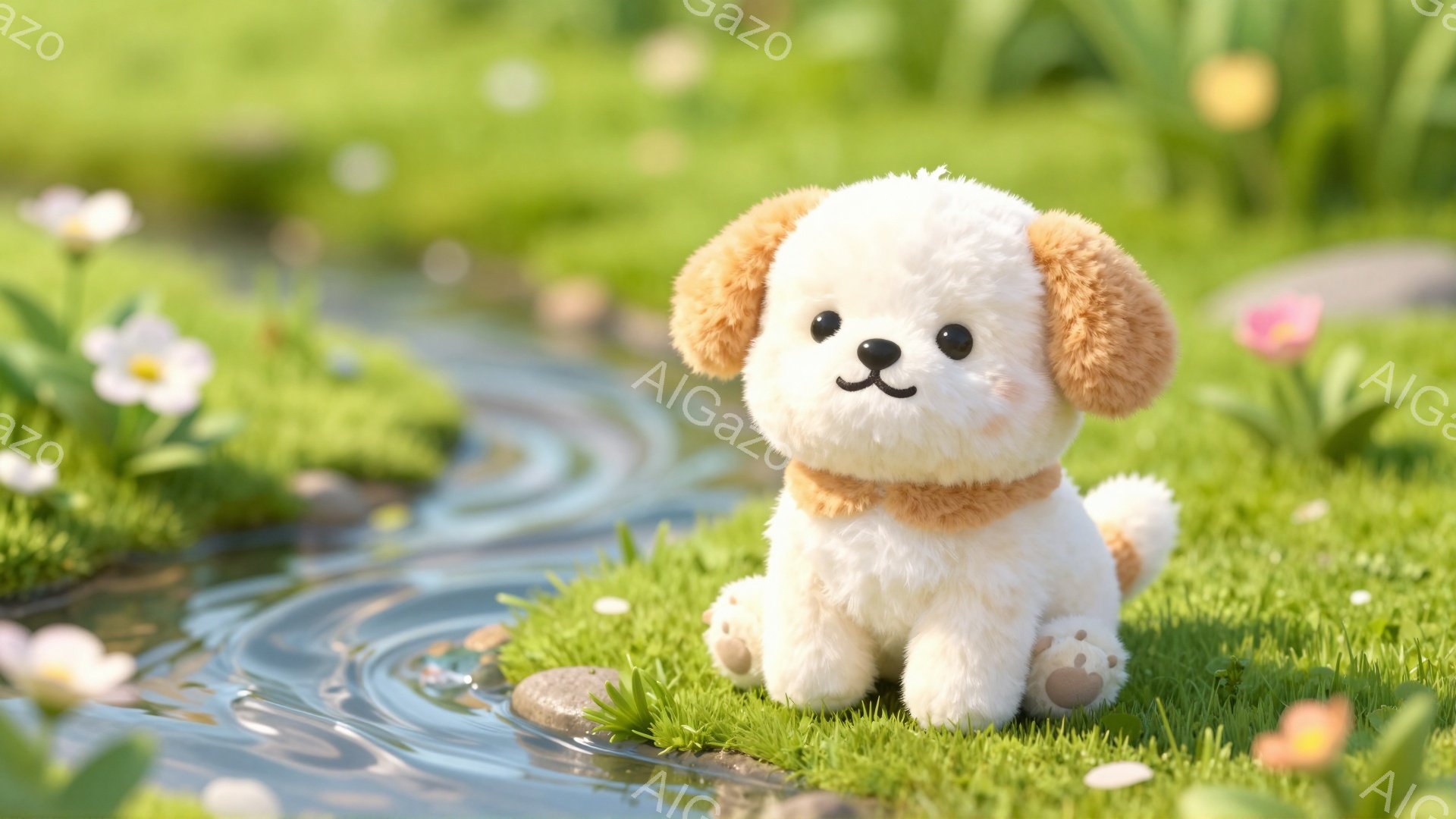 ふわふわのクリーム色の犬が、緑の草むらの中に座っています。周囲には小さな花が咲き、浅い小川が流れています。穏やかで可愛らしい雰囲気の風景です。 - AI生成フリー素材