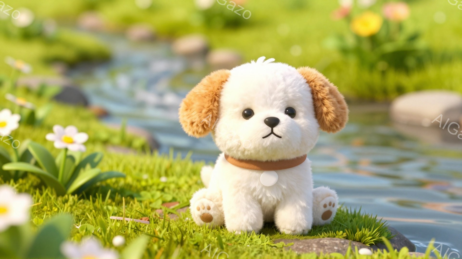 白と茶色の毛並みを持つ子犬が、緑豊かな草の上で静かに座っています。首輪をつけており、可愛らしい表情をしています。背景には、水面と黄色や白の花が咲き乱れ、穏やかで優しい雰囲気です。 - AI生成フリー素材