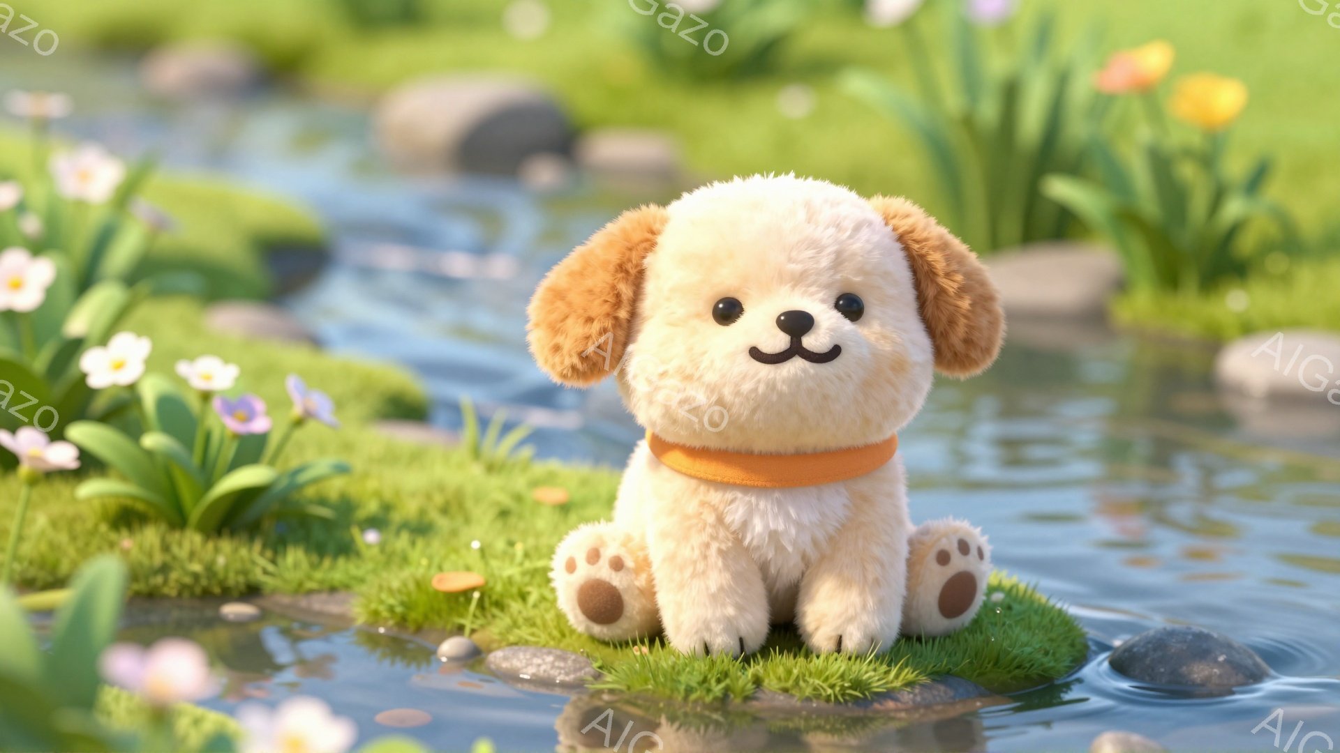 柔らかい毛並みの小さな犬が、緑の草の上に座ってこちらを見ています。首輪をつけており、愛らしい表情をしています。背景には水面と花が咲き乱れる風景が広がっており、穏やかで平和な雰囲気です。