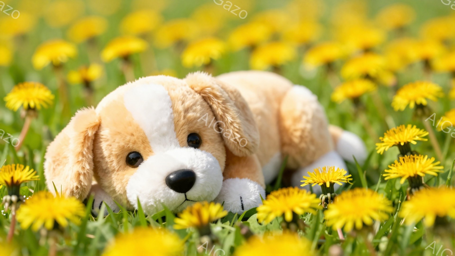 黄色いタンポポが咲き乱れる草原に、可愛らしい茶色の仔犬が横たわっています。仔犬は優しい表情で、まるで花畑の中で眠っているかのようです。暖かい日差しと鮮やかな黄色が、穏やかで幸せな雰囲気を醸し出しています。