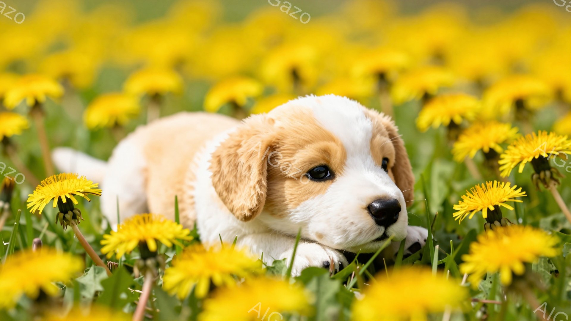 明るい黄色いタンポポ畑の中で、白い子犬がリラックスして横になっています。子犬は茶色の斑点があり、黒い鼻と優しい表情をしています。背景は緑の草と咲き乱れるタンポポで、春らしい暖かく幸せな雰囲気です。