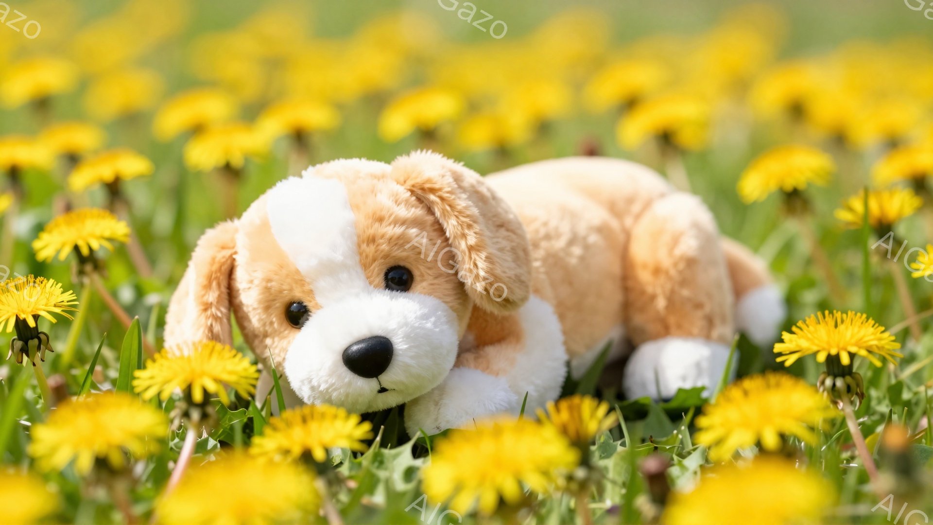 明るい緑の草の上に、たくさんのタンポポが咲き乱れている。その中に、愛らしい子犬のぬいぐるみが横たわっており、穏やかな雰囲気を醸し出している。柔らかい毛並みと優しい表情が印象的だ。