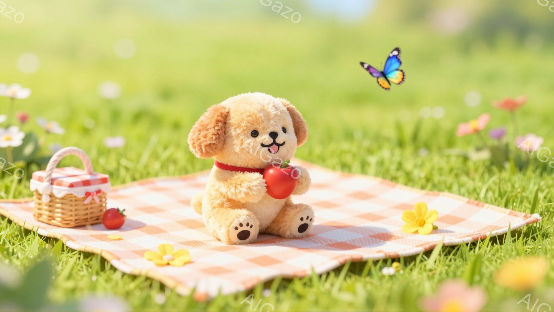 クリーム色の犬のぬいぐるみは、赤いチェック柄の敷物の上に座り、片手に赤いリンゴを持っています。 周囲には黄色やピンクの小さな花が咲き乱れ、遠くには緑の草原が広がっています。 蝶が飛んでおり、暖かく穏や - AI生成フリー素材