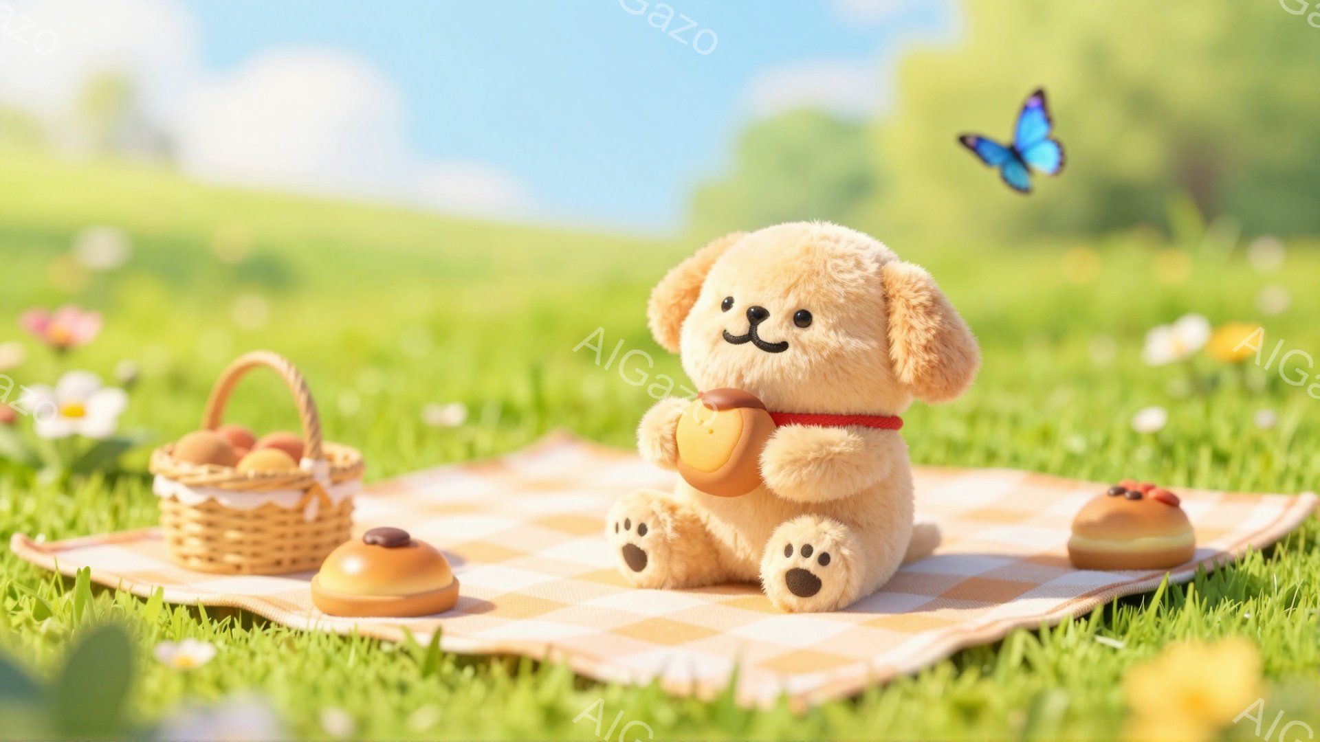 ふわふわのクリーム色の犬のぬいぐるみが、ピクニックマットの上で笑顔でパンケーキを持っています。周りには花が咲き乱れ、背景には緑の草原と青い空が広がっています。とても穏やかで可愛らしい雰囲気です。 - AI生成フリー素材