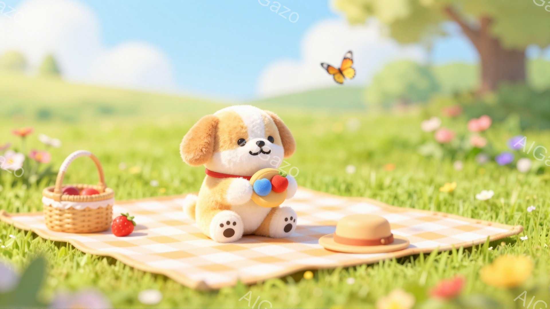 緑の草原に黄色と白のチェック柄のピクニックシートが敷かれ、その上に小さな犬のぬいぐるみが座っています。犬は茶色の帽子をかぶり、手には赤いりんごが入った小さなカゴを持っています。背景には木々や花が咲き乱れ、明るく穏やかな雰囲気です。