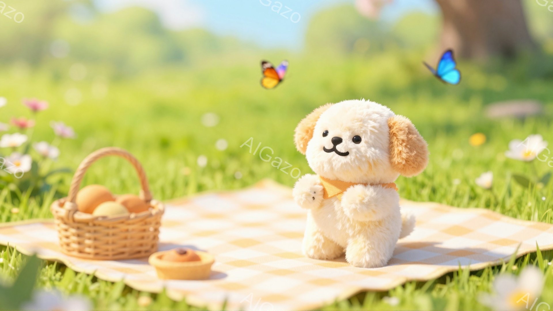 クリーム色の小さな犬のぬいぐるみが、花が咲き乱れる緑の草原の上に立っています。オレンジ色の蝶ネクタイを付け、明るい表情でこちらを見ているようです。その前には、卵が入ったバスケットと小さな焼き菓子が置か - AI生成フリー素材