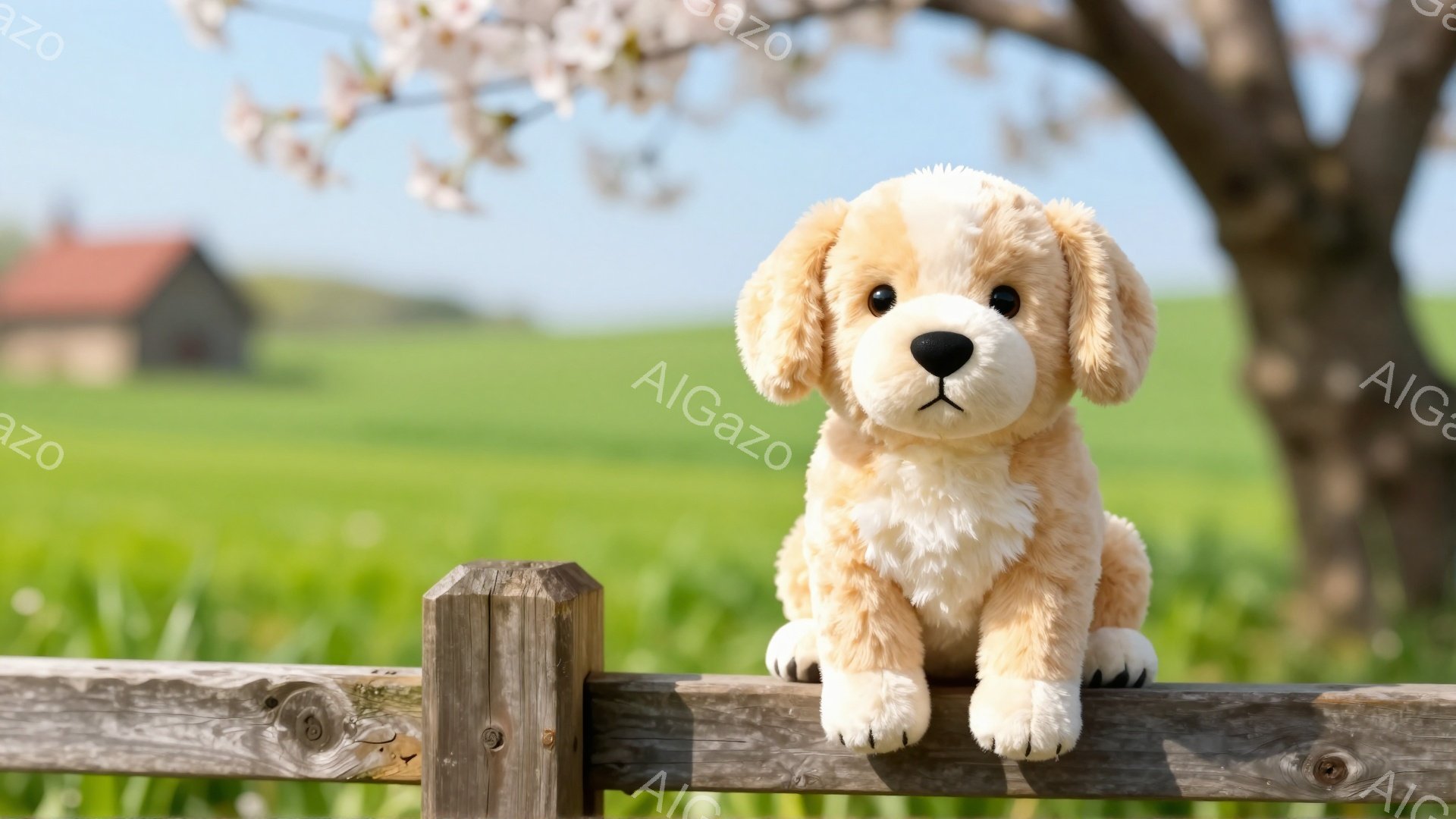 柵に寄りかかった、ふわふわのクリーム色の仔犬がいます。背景には緑の牧草地と、少し離れたところに赤い屋根の家が見え、春の穏やかな雰囲気が漂っています。桜の木が咲き誇り、暖かく優しい光が差し込んでいます。