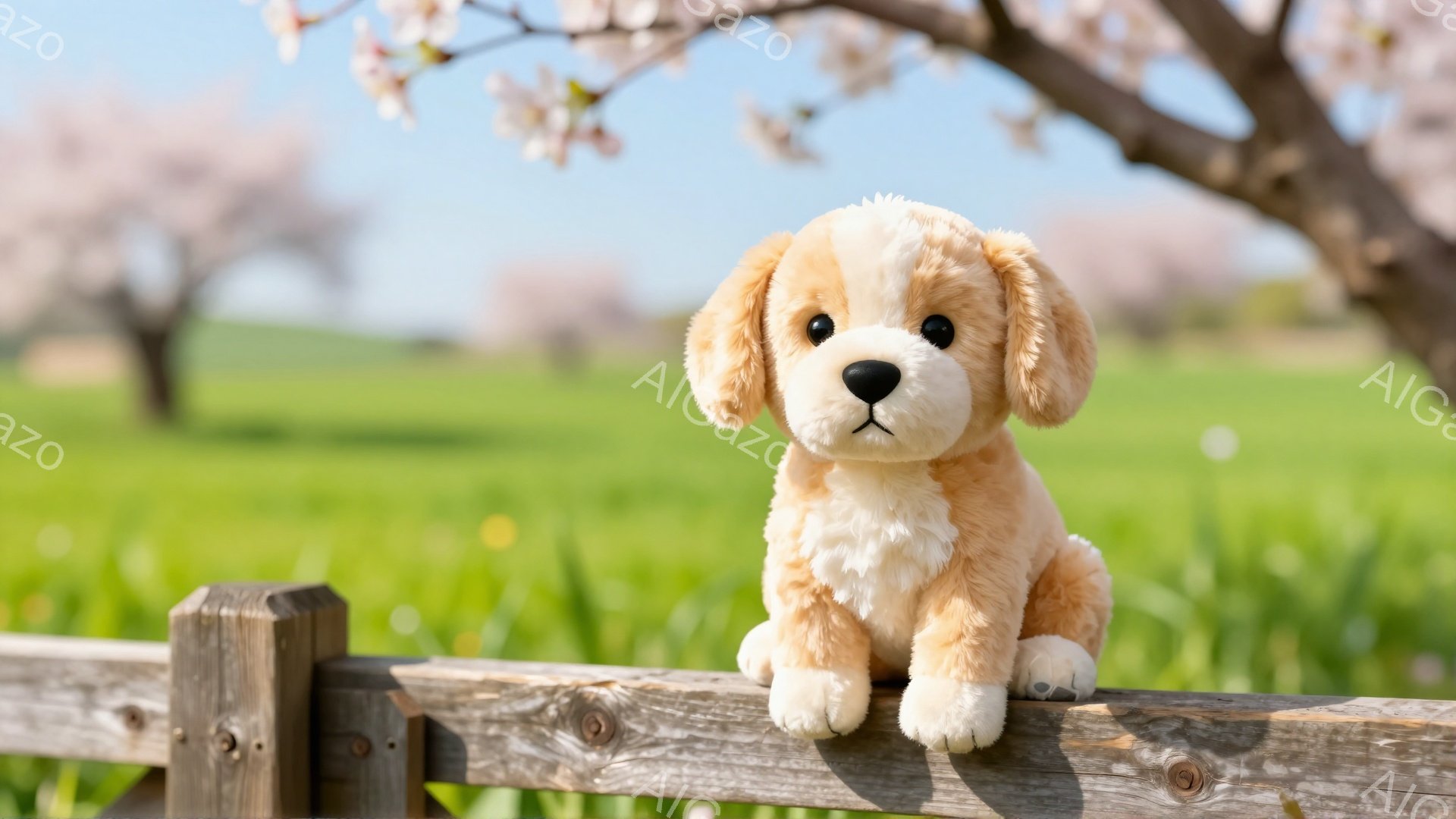 緑の草原と桜並木を背景に、フェンスの上に座っている子犬のぬいぐるみです。ふわふわのクリーム色の毛並みで、つぶらな瞳が愛らしい表情をしています。穏やかで優しい春の日の光が差し込み、暖かく平和な雰囲気を醸し出しています。