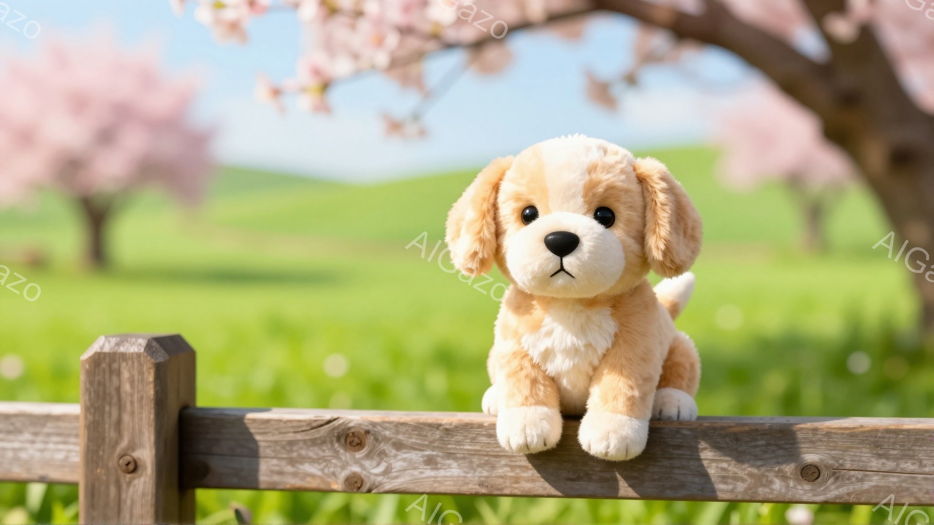 柔らかい毛並みの小さな子犬が、木製の柵の上に前足をかけて座っています。背景には緑の草地とピンク色の桜がぼんやりと見え、春の穏やかな雰囲気が漂っています。子犬は丸い目で何かを見つめているようで、愛らしい - AI生成フリー素材