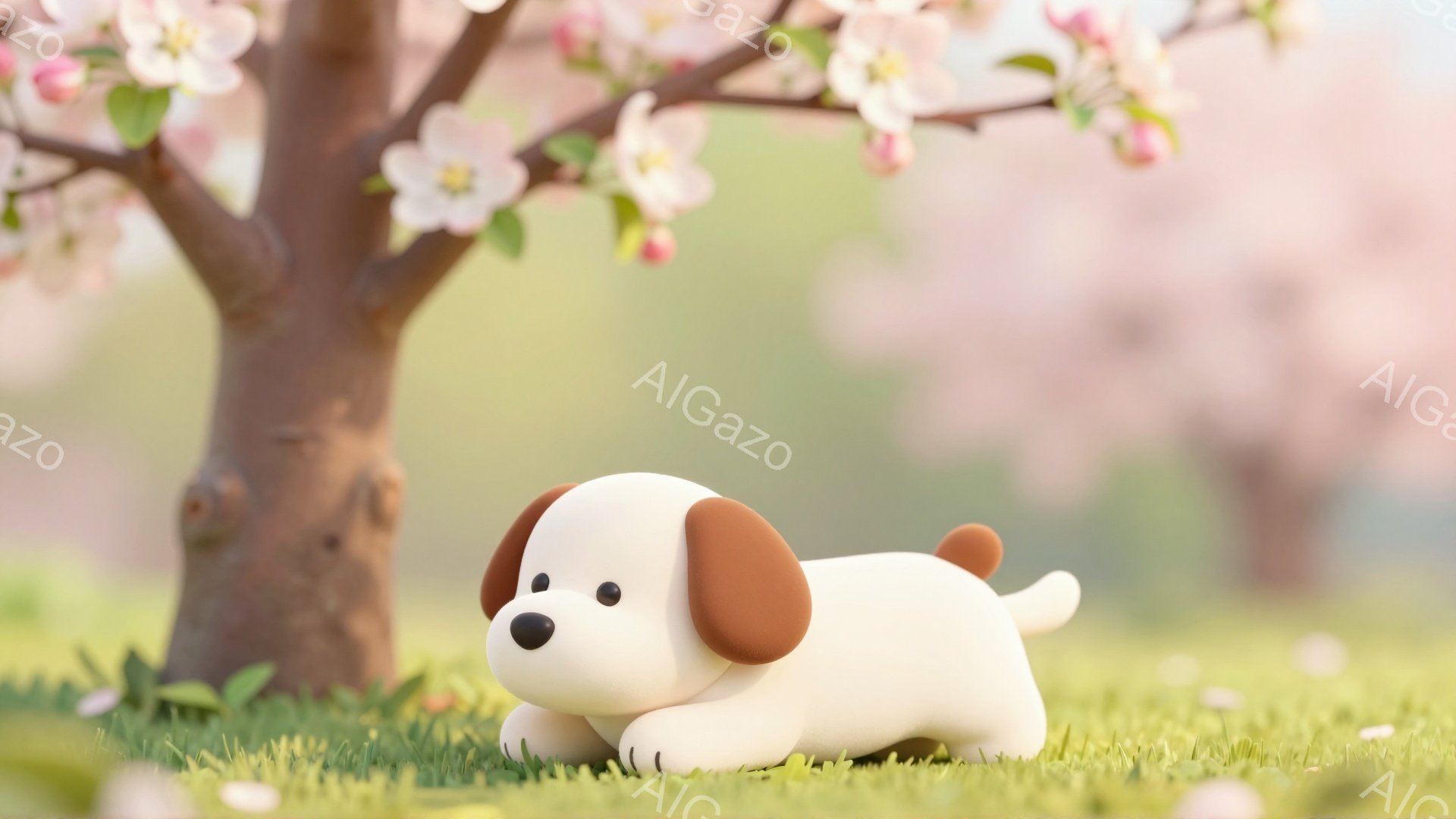 白くて茶色の斑点模様の小さな犬が、緑の草の上にちょこんと座っています。背景には桜の木があり、ピンク色の花びらが舞い散っています。春らしい穏やかで可愛らしい雰囲気です。 - AI生成フリー素材