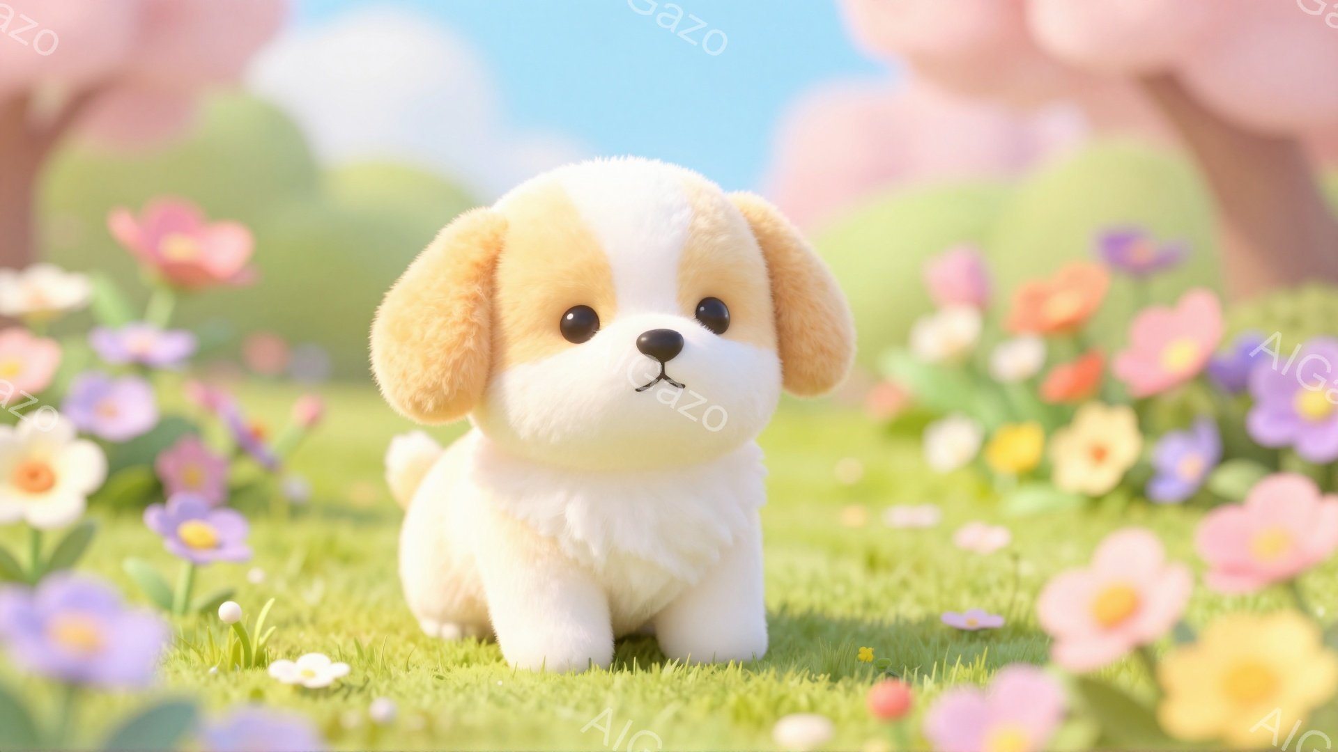 小さな子犬が花畑の中で可愛らしく座っています。クリーム色と茶色の毛並みがふわふわとしており、つぶらな瞳が印象的です。背景には桜が咲き乱れ、春らしい穏やかな雰囲気が漂っています。 - AI生成フリー素材