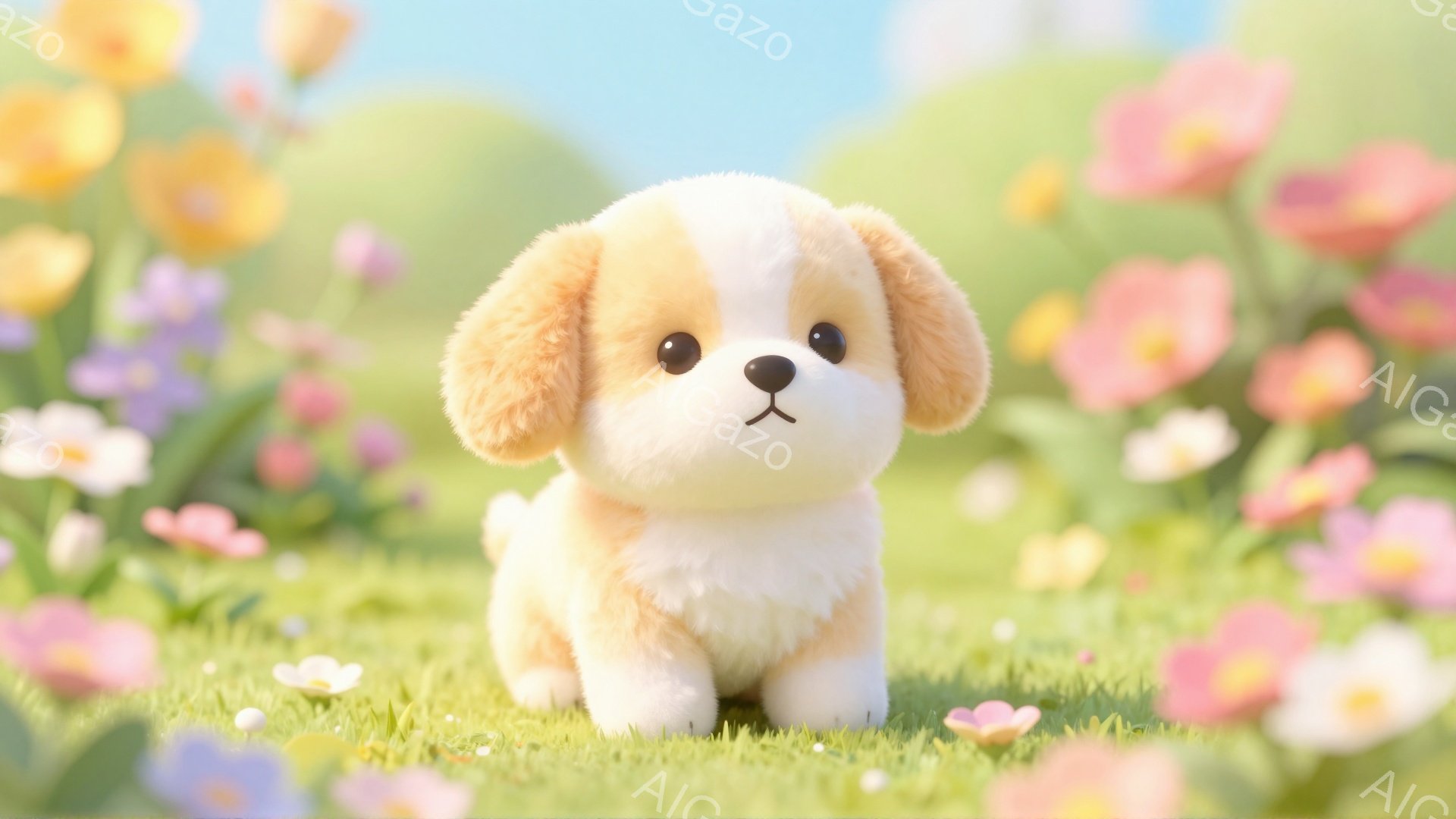 小さな子犬が緑の草の上に立っており、周囲にはカラフルな花々が咲き乱れています。子犬は明るい笑顔でカメラを見つめ、愛らしい表情をしています。背景はぼやけており、柔らかく穏やかな雰囲気を醸し出しています。 - AI生成フリー素材