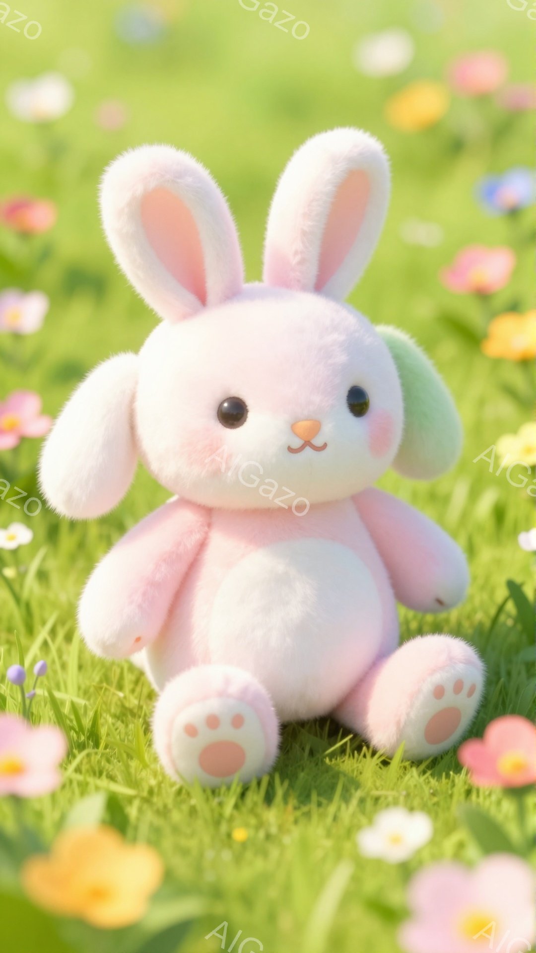 柔らかいピンクと白のウサギのぬいぐるみです。緑の草の上に座って、可愛らしい表情をしています。周りには色とりどりの花が咲き乱れ、春らしい穏やかな雰囲気を醸し出しています。