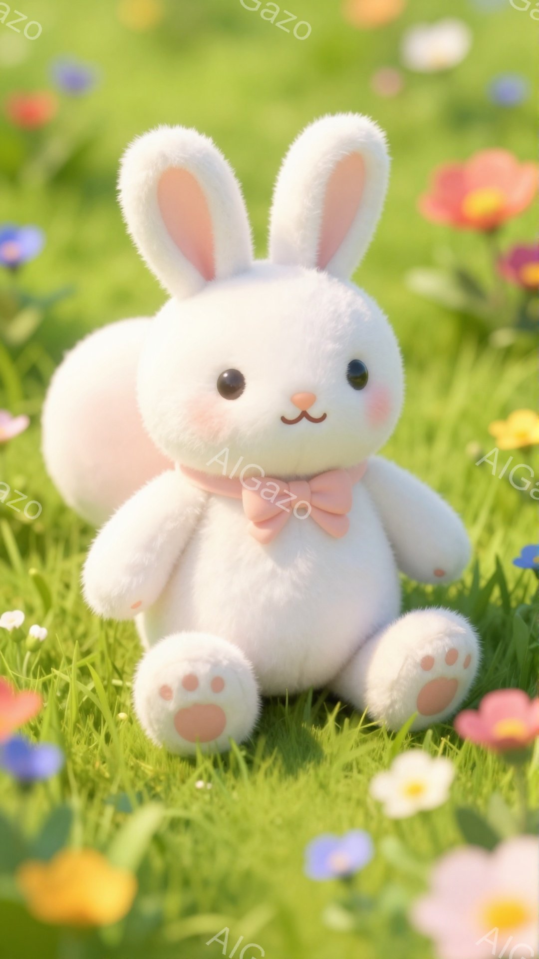 ふわふわの白いウサギが、緑の草の上に座っています。ピンクのリボンと足の裏が可愛らしく、優しい雰囲気です。背景には色とりどりの小さな花が咲き乱れ、春らしい暖かさを感じさせます。
