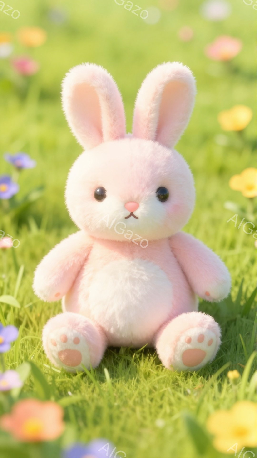 ふわふわのピンク色のウサギのぬいぐるみは、緑の草の上に座っています。周囲には黄色や紫の花が咲き乱れ、春らしい穏やかな雰囲気を醸し出しています。ぬいぐるみは丸いフォルムで、つぶらな瞳が愛らしい表情を見せています。