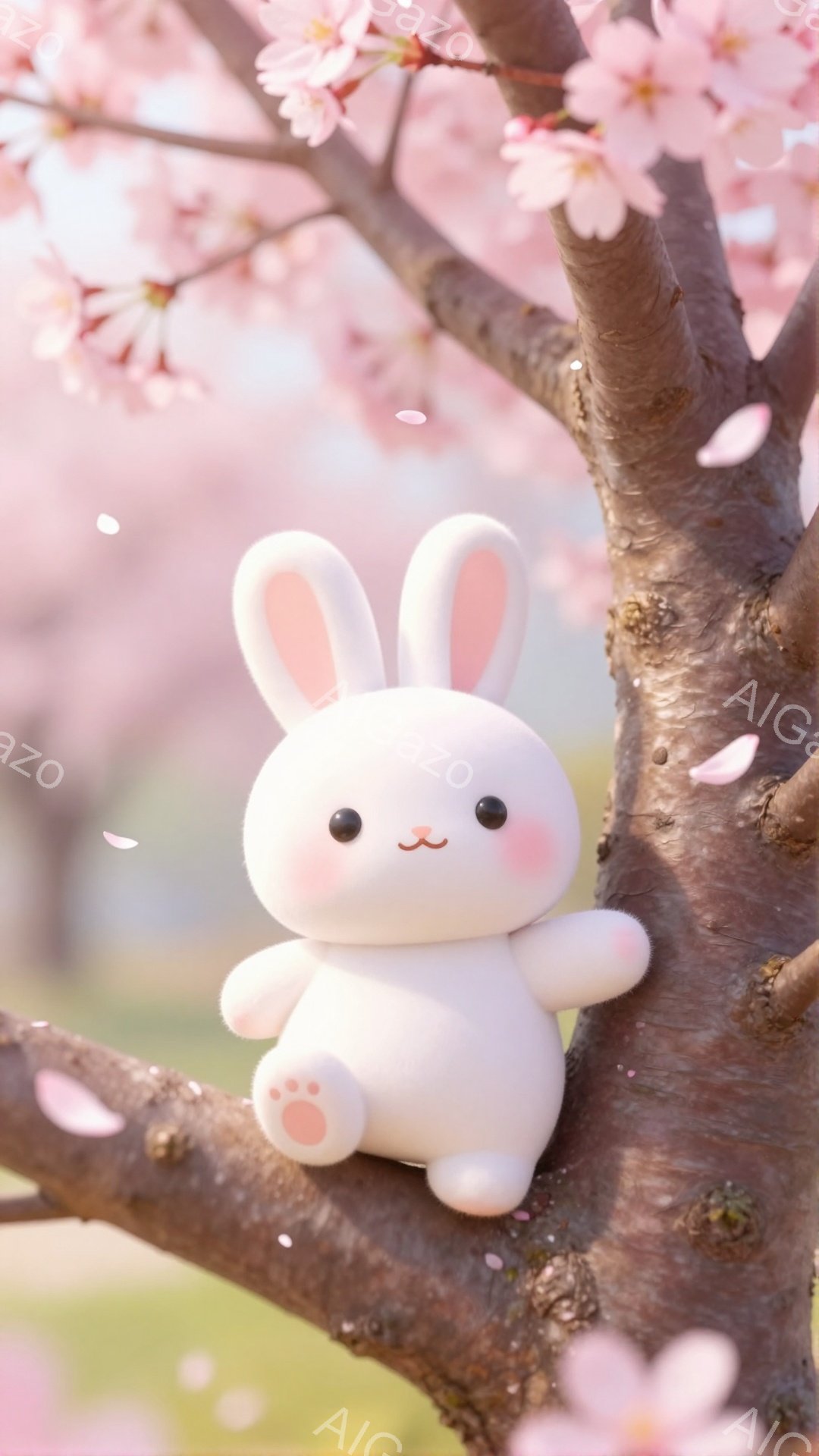 ふわふわの白いウサギが桜の枝にしがみついています。ピンク色の桜の花びらが舞い散り、春の穏やかな雰囲気を醸し出しています。ウサギは丸い体で可愛らしい表情をしています。