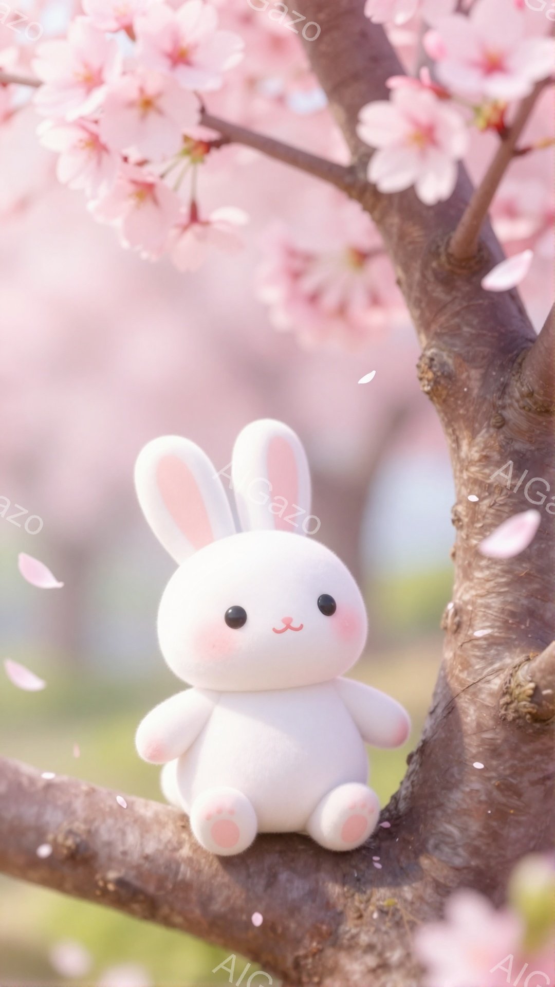 白いウサギのぬいぐるみが桜の枝にとまっています。ふっくらとした頬とつぶらな瞳が愛らしく、春の優しい光に包まれています。背景には桜の花びらが舞い、暖かく幻想的な雰囲気を醸し出しています。