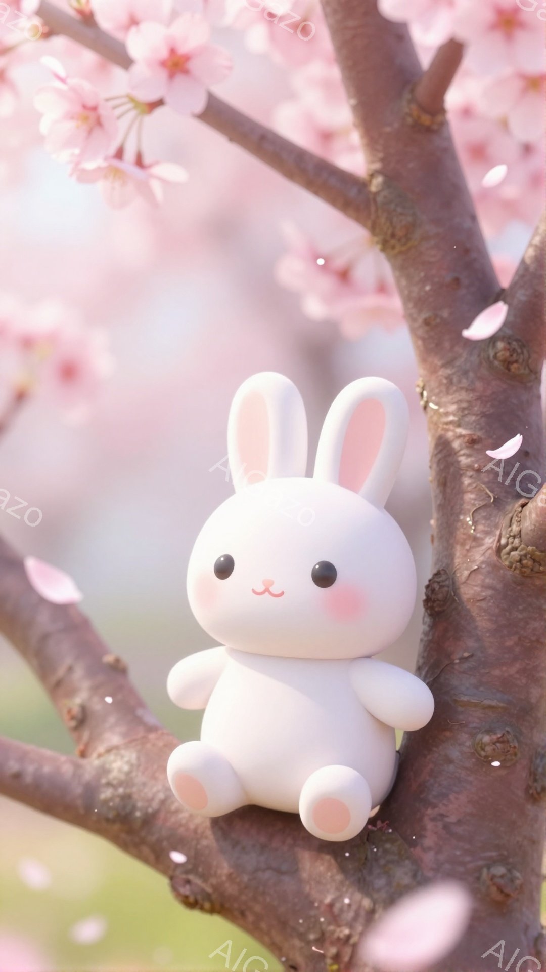 桜の木の枝にとまっている、つぶらな瞳の白いウサギのぬいぐるみです。ふっくらとした体と、ピンクのほっぺが愛らしい印象を与えます。周りには桜の花びらが舞い、春の暖かく優しい雰囲気が漂っています。