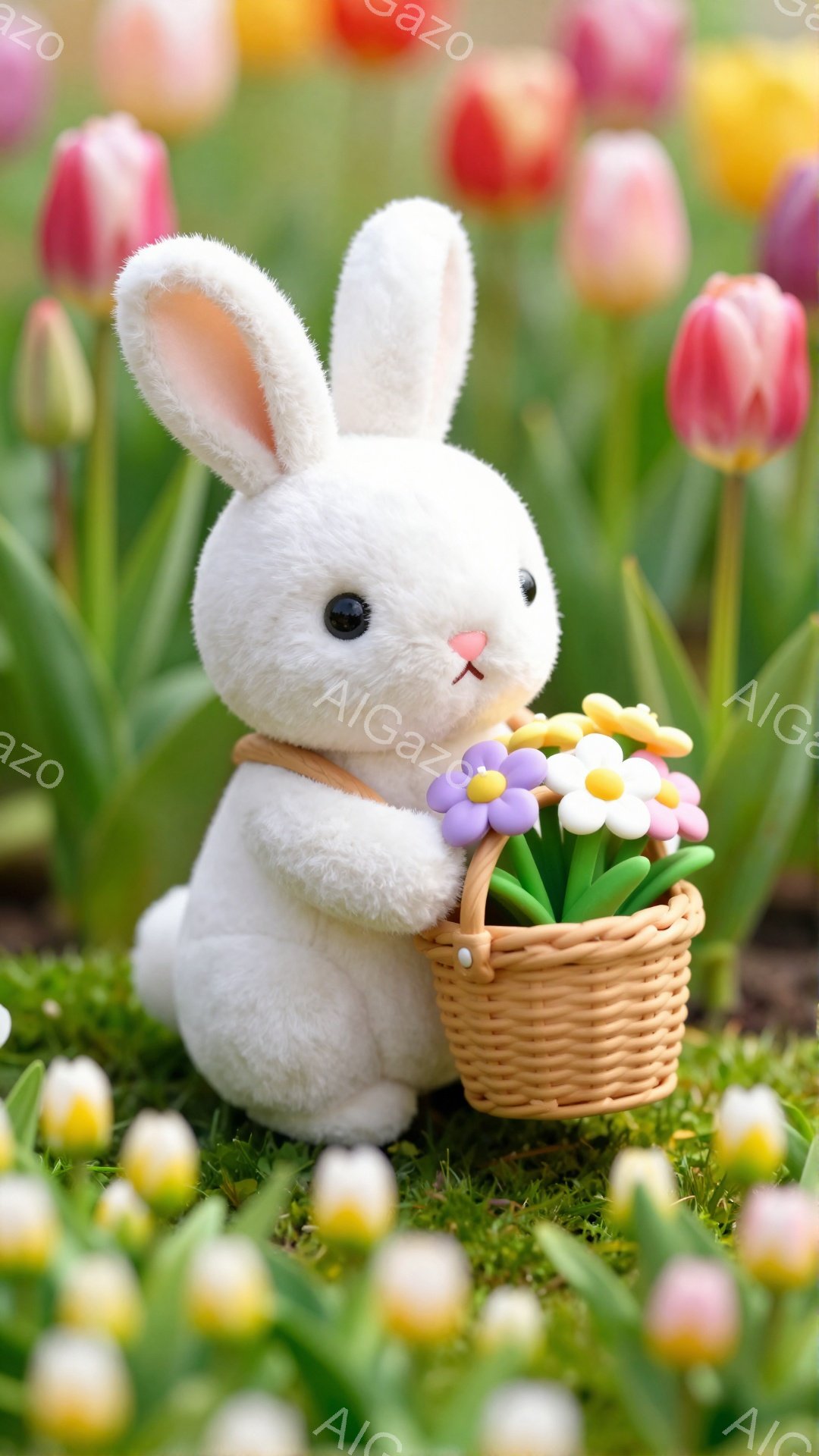 白いウサギが花束を入れたバスケットを持っています。背景には色とりどりのチューリップが咲き誇り、緑の芝生が広がっています。可愛らしく優しい雰囲気が漂う、春の日の光景です。