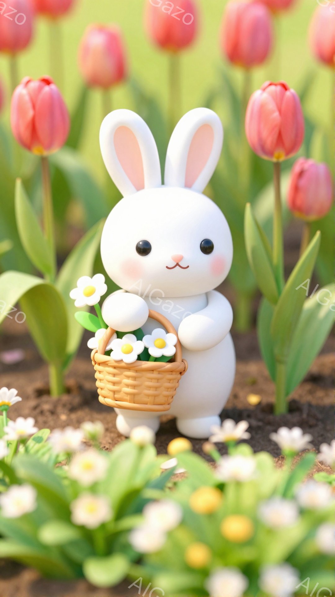 白いウサギが花かごを持って立っています。周りには色とりどりのチューリップや小花が咲き乱れ、春らしい穏やかな雰囲気です。ウサギは可愛らしい表情で、見る人を癒してくれます。