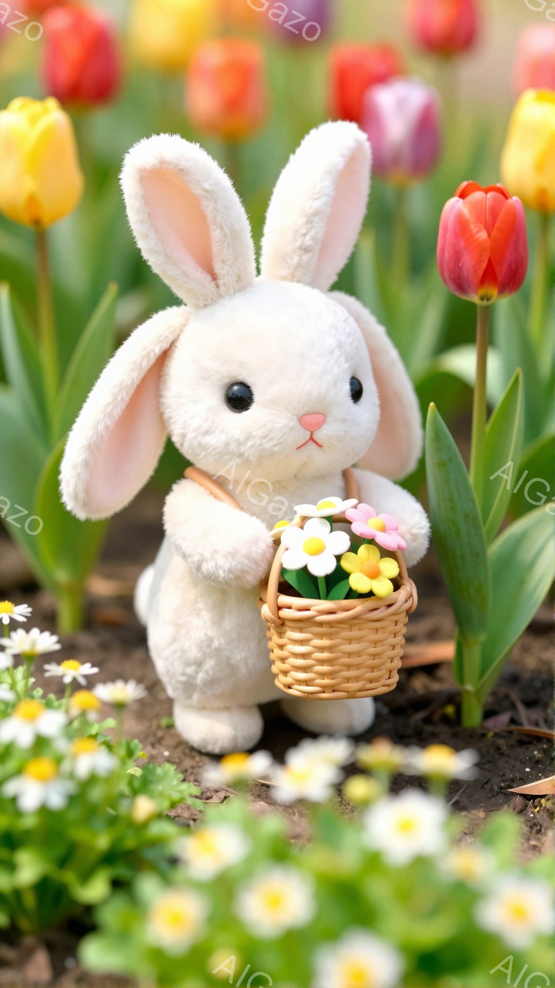 白いウサギのぬいぐるみが花かごを持って立っています。背景にはチューリップやデイジーが咲き乱れ、春の暖かい雰囲気が感じられます。可愛らしい姿に心が和みます。