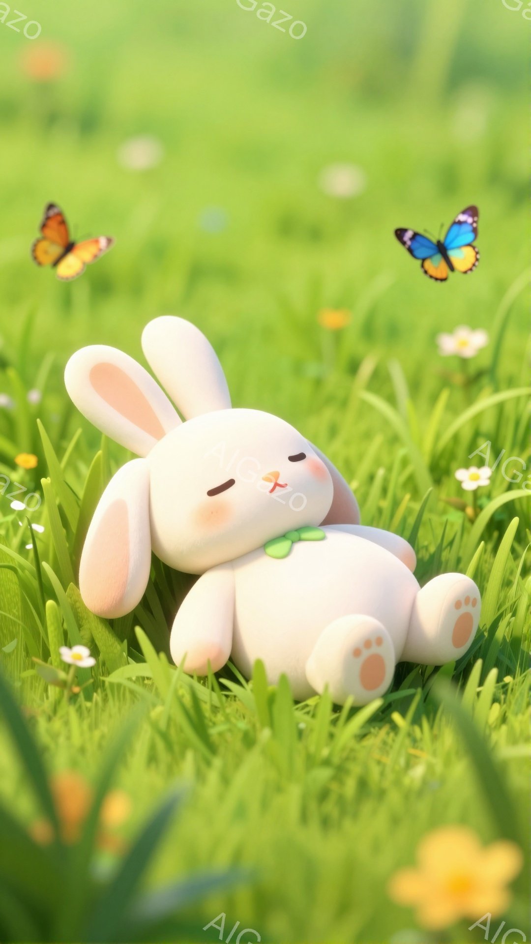 緑の草原で、小さなウサギが横になって眠っています。ピンク色の頬と、緑のリボンが可愛らしいアクセントです。周りには黄色や白の花が咲き、蝶が舞い、穏やかな春の日の雰囲気が漂っています。