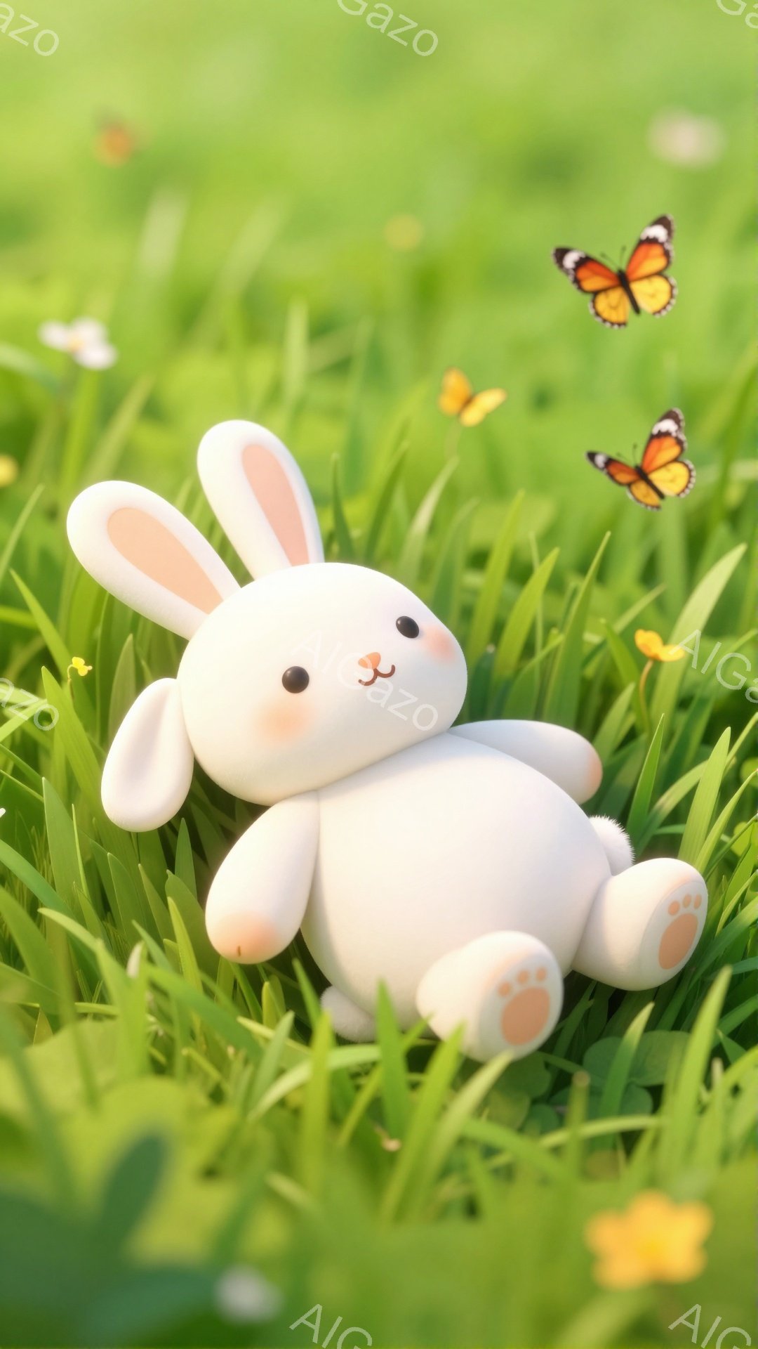 ふわふわの白い子ウサギが緑の草むらに横たわっています。周囲には黄色い花が咲き、蝶が舞い、穏やかで可愛らしい雰囲気です。まるで夢のような、優しい光が差し込む牧歌的なシーンです。