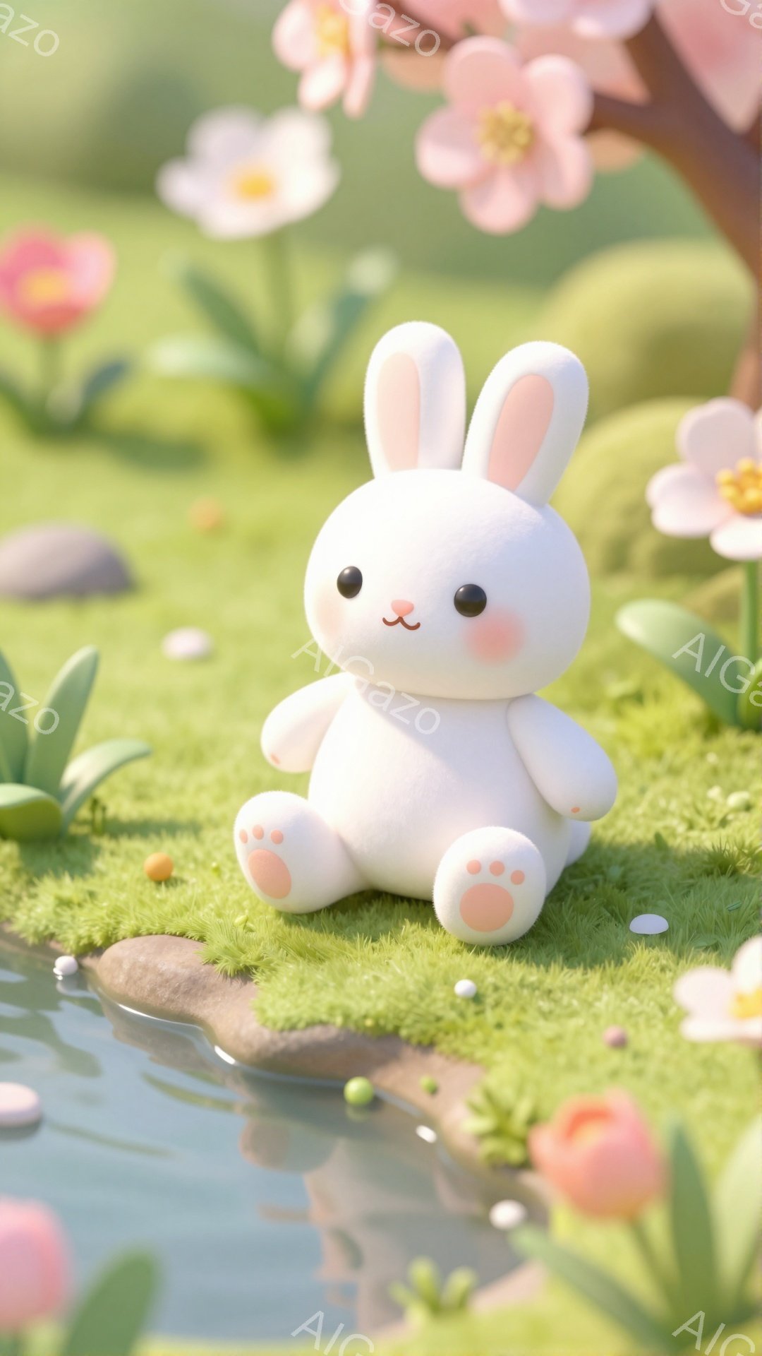 ふわふわの白い子ウサギが緑の草の上に座っています。ピンクの花と小さな石が周りにあり、背景には水辺が見えます。全体的に、柔らかくて優しい雰囲気です。